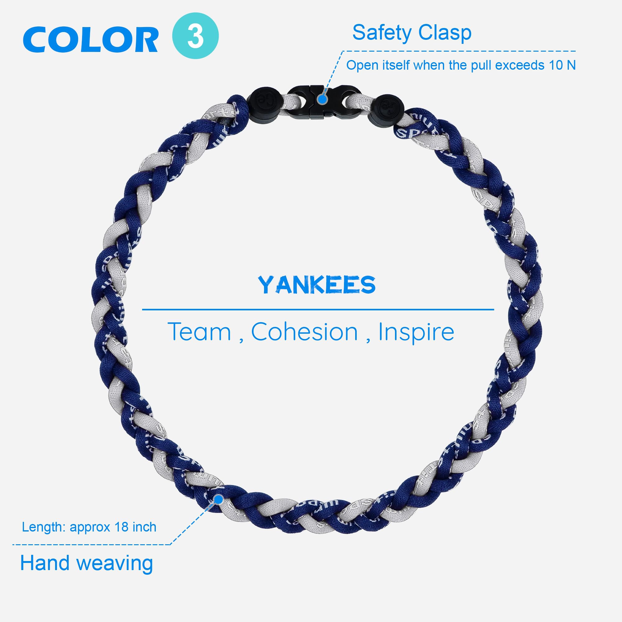 SUPBOMM 3 pcs Baseball Rope Necklaces, League Team Colors Braided Necklace, Baseball Team Gifts, Yankees