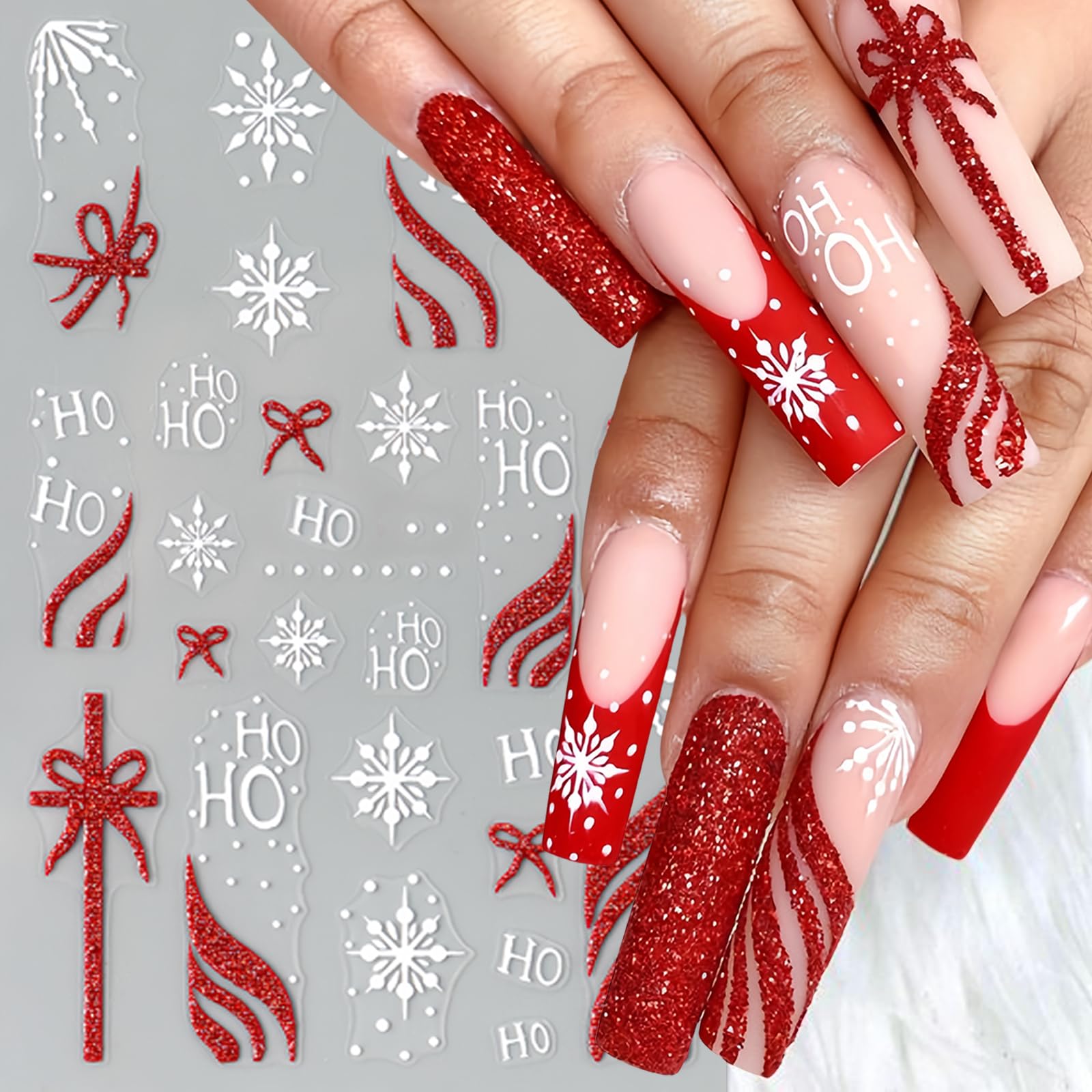 SHUXILIN Christmas Nail Stickers, 6 Sheets Red French Glitter & Snowflake Design, Holiday Nail Art Decals for Women