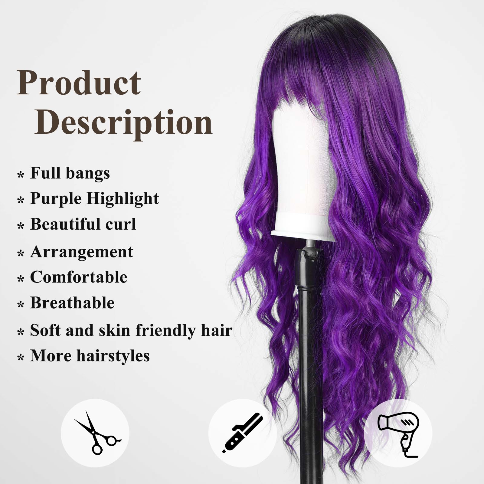 Haircube Purple Wig With Bangs For Women Brown And Blonde Long Wavy Hair Wig Wig Curly Wavy Synthetic Wigs For Girls Daily Party