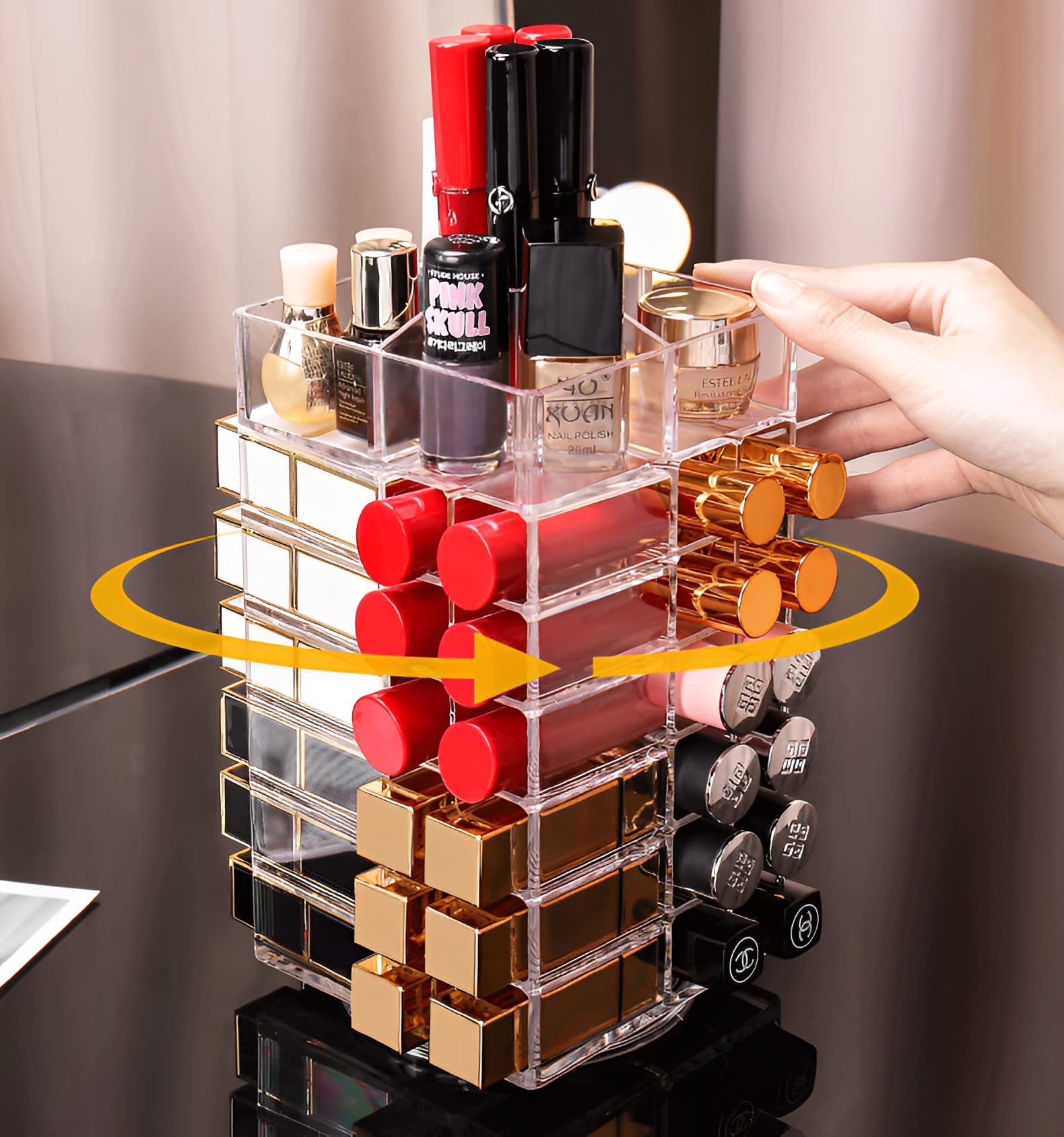 Sooyee Lipstick Organizer,53 Spaces 360 Degree Spinning Lipstick Holder,Acrylic Cosmetic Display Cases for Lipstick, Brushes, Bo