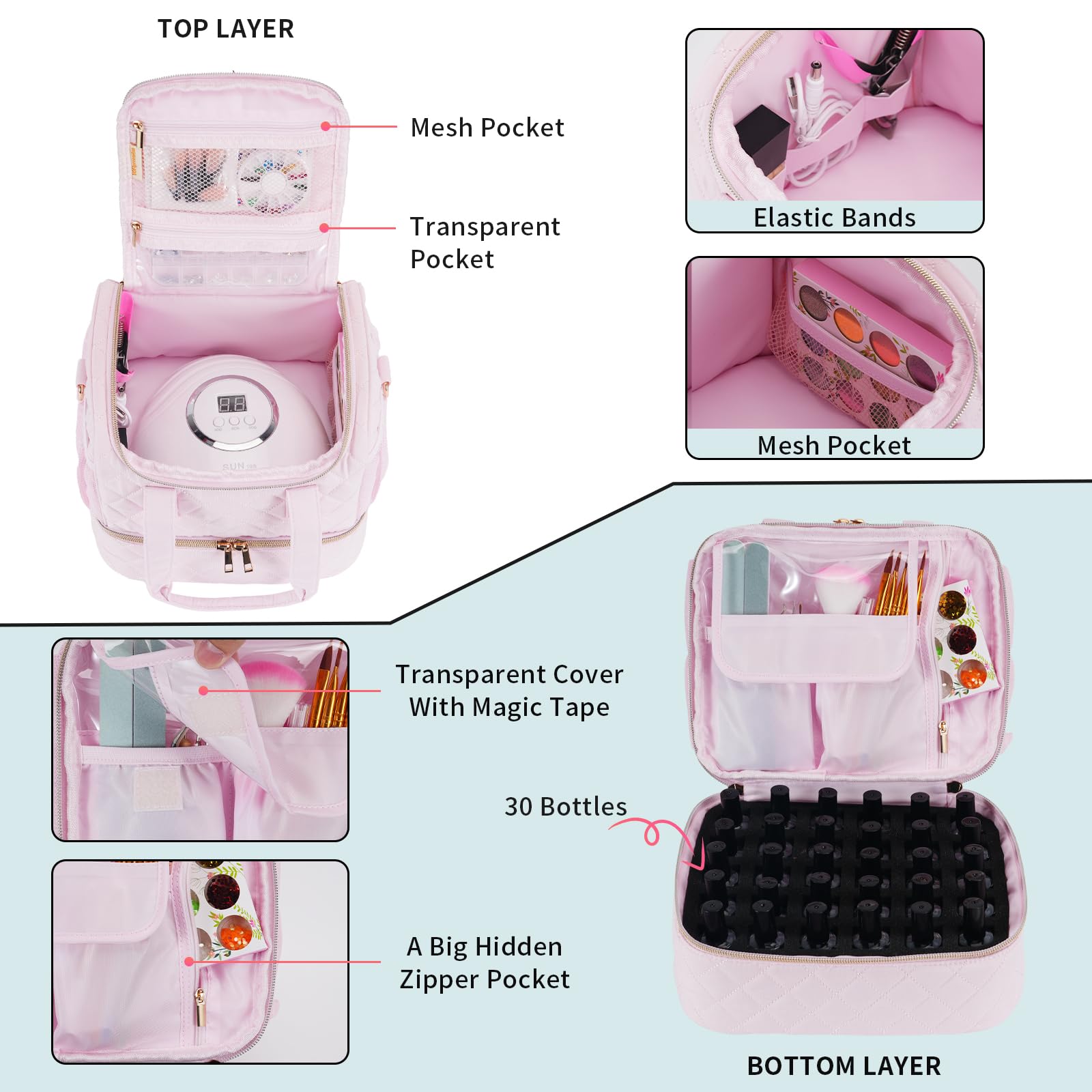 VOFIpremiAm Nail Polish Organizer Case Fits Nail Lamp and 40 Bottles,Nail Organizers and Storage for Nail Tech Travel,Pretty Nai