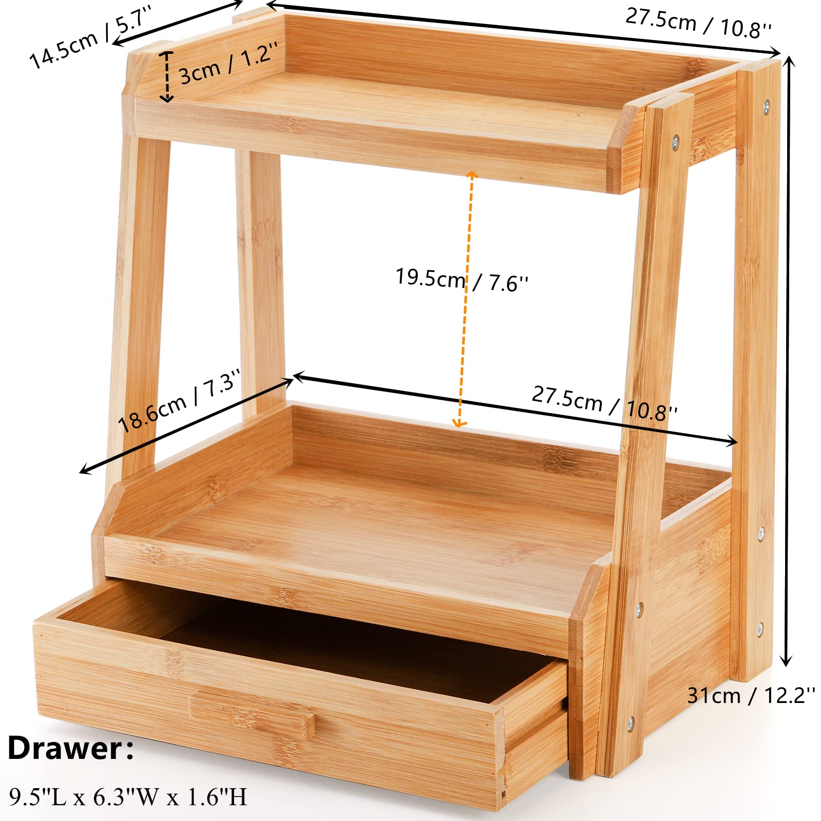 Lyellfe 2 Tier Bamboo Makeup Organizer, Bathroom Counter Organizer With Drawer, Multi-Purpose Cosmetic Perfume Display Stand For
