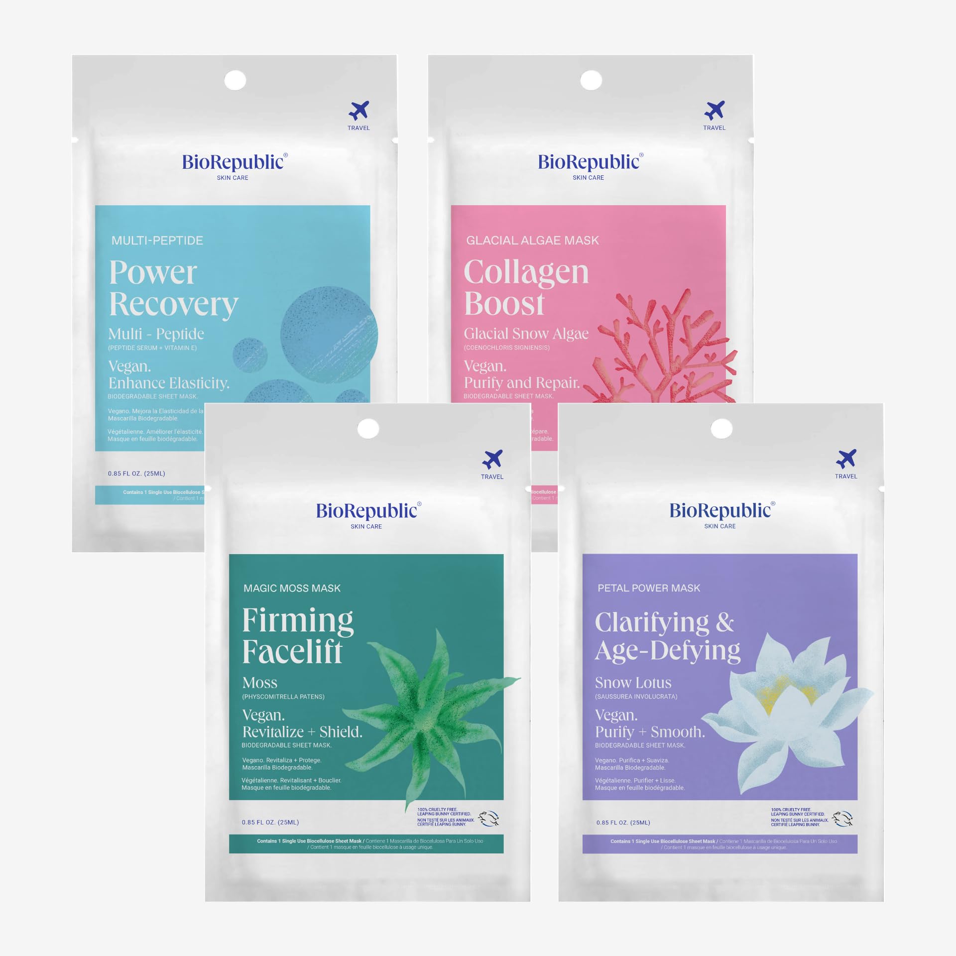 BioRepublic Discovery Variety Pack  4 Biocellulose Sheet Masks (Peptide Therapy, Glacial Algae, Moss Magic, Snow Lotus)  Organ