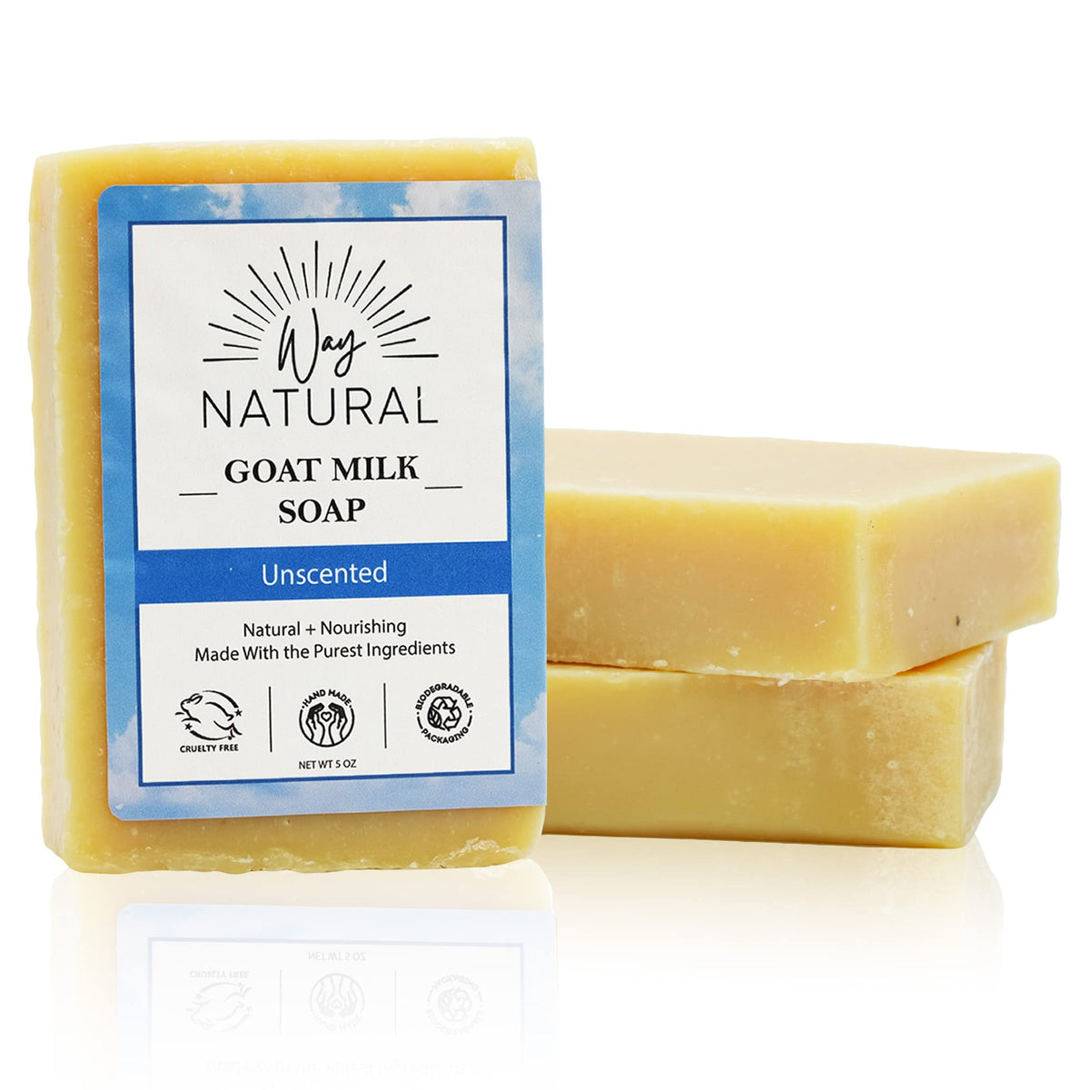Way Natural Goat Milk Soap Bars, Unscented (3 Hand/Body Soap Bars) - Gentle, No Dyes, Real Goat Milk Bar Soap for Men & Women - 