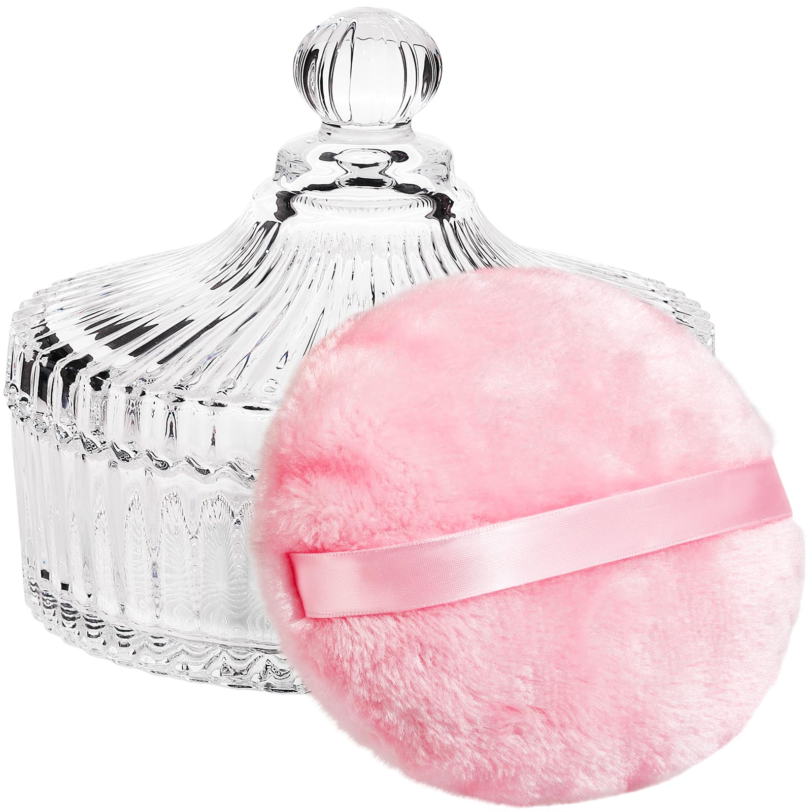 Teenitor Powder Puff 5.5 Extra Large Powder Puff and Container, Dusting Powder Container with Puff, Glass Crystal Powder Contai