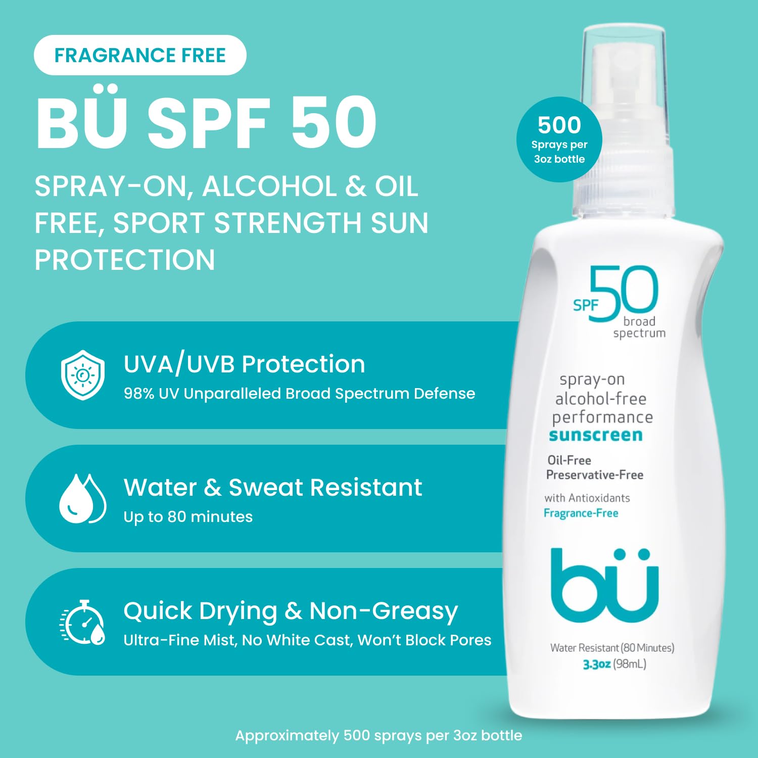BU SPF 50 Sunscreen Spray for Face and Body, Non Aerosol Spray, Fragrance Free, Clear, Non Greasy, Water Resistant, Fragrance Fr