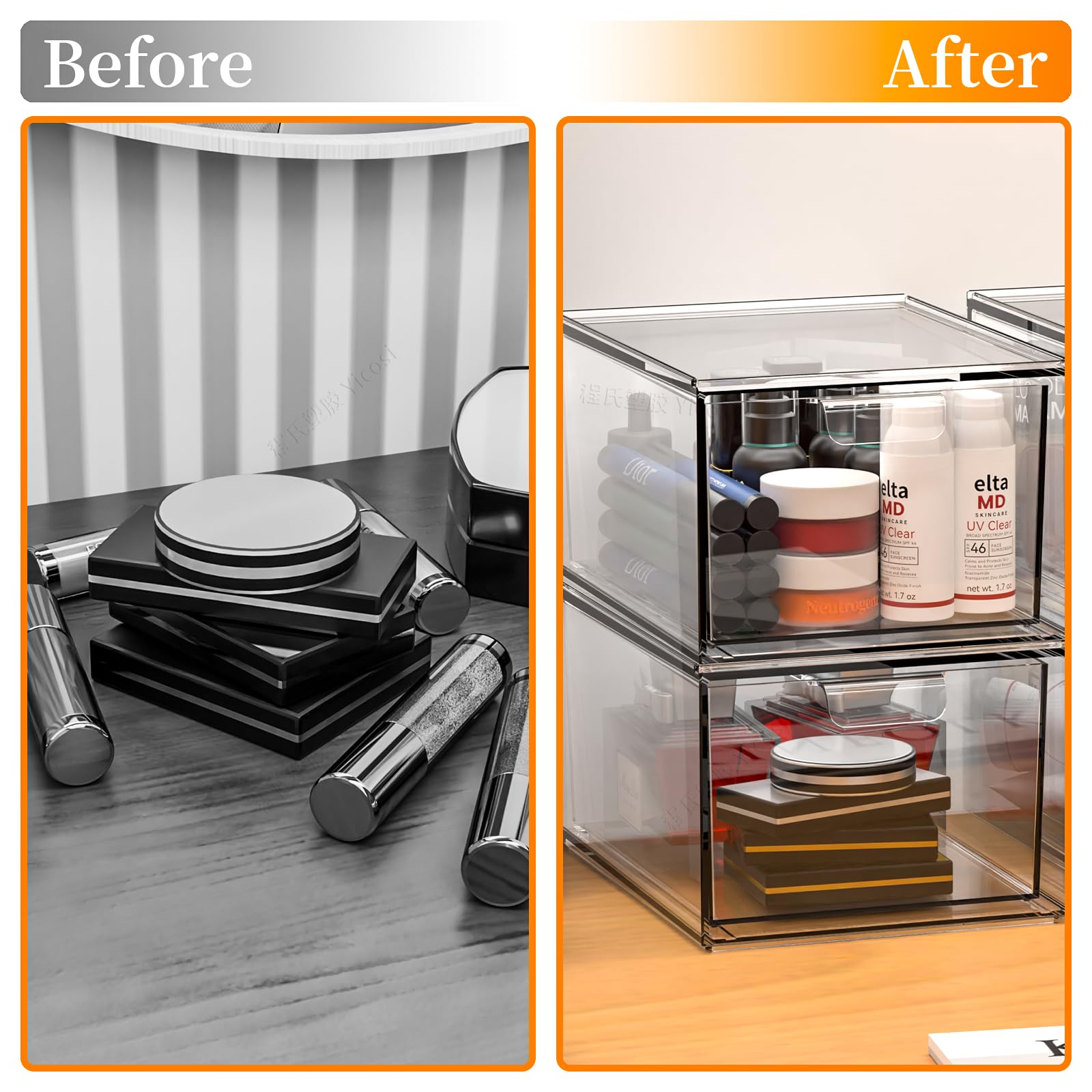 Cq Acrylic Stackable Storage Drawers Set Of 2,Under Cabinet Stackable Bins And Pull Out Drawers Storage Container,4.4'' Tall Cle