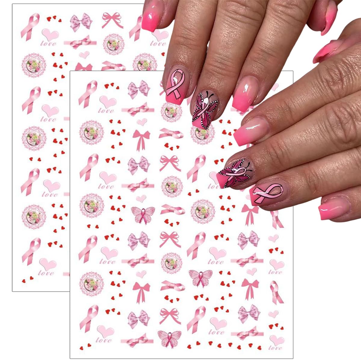Breast Cancer Nail Stickers 3D Pink Ribbon Nail Decals Breast Cancer Awareness Nail Art Stickers Love Heart Bow Nail Design Stic