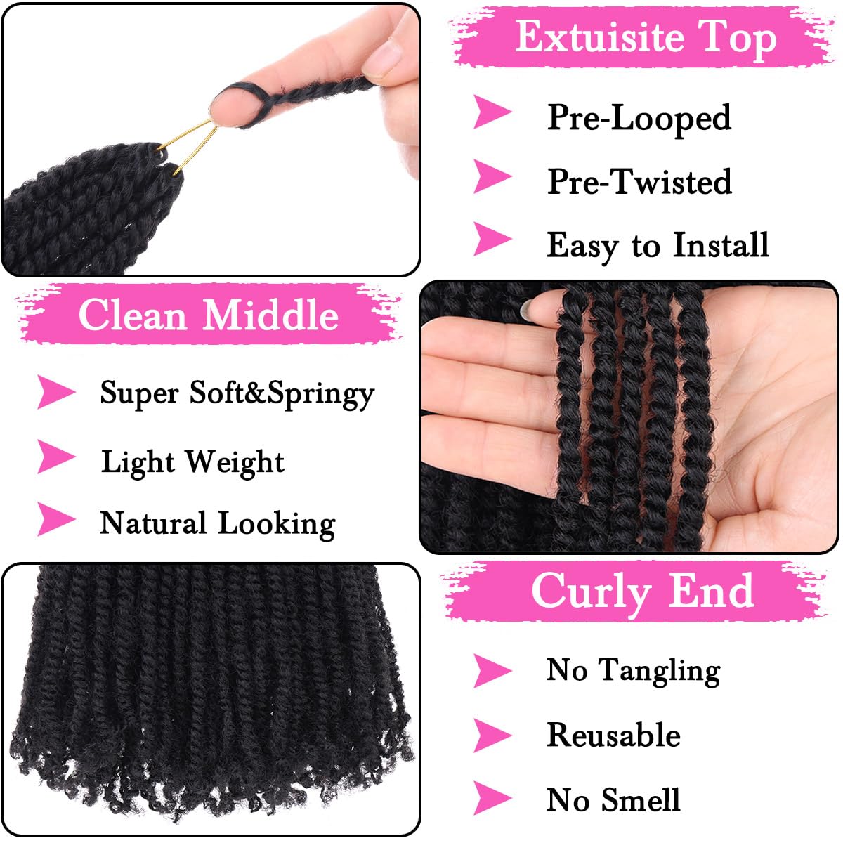 COOKOO 8 Inch Micro Twist Crochet Hair Extensions, 9 Packs, Natural Black, Pre-twisted Mini Passion Twist, Synthetic, 1B#