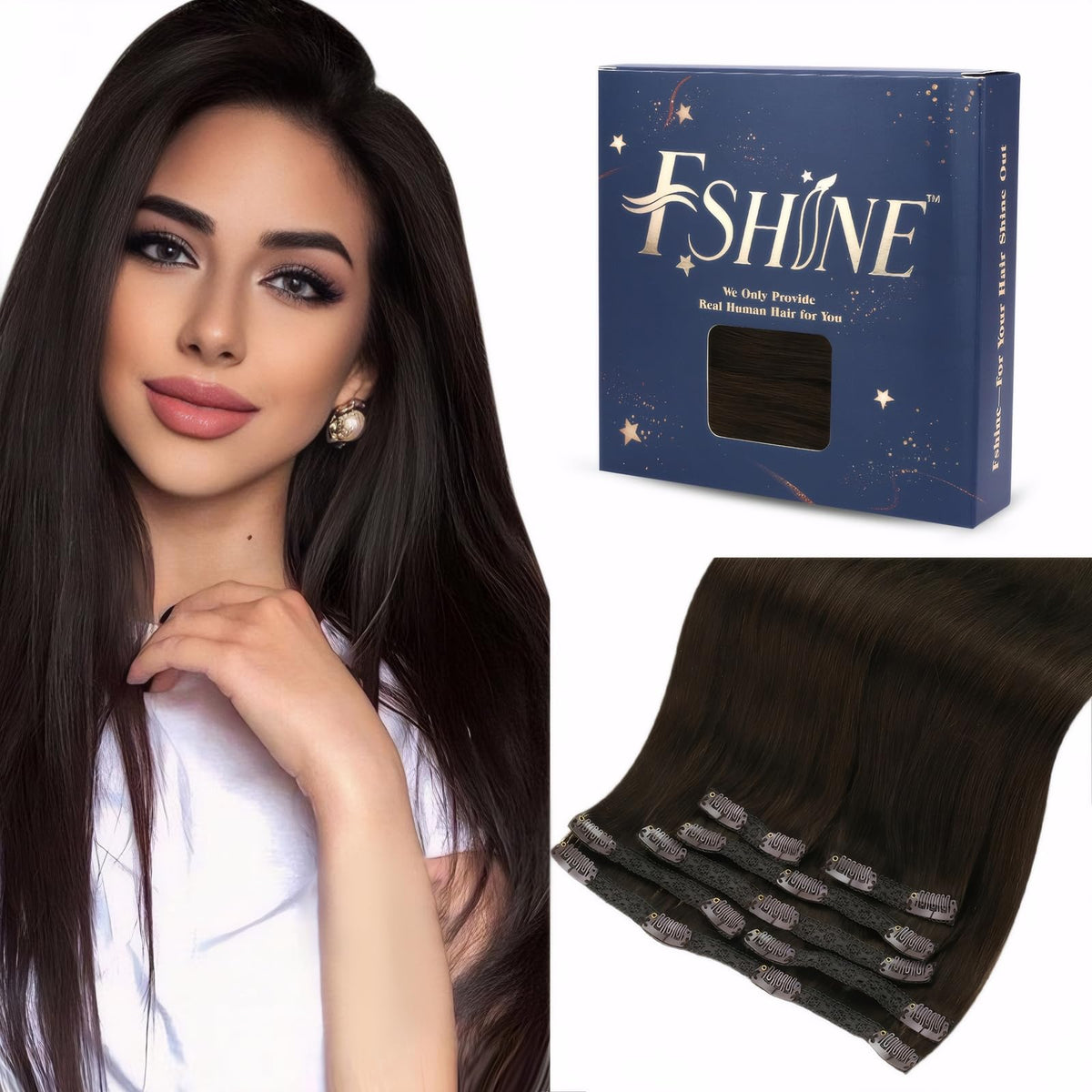 Fshine Brown Clip in Hair Extensions Real Human Hair 16 Inch Dark Brown Hair Extensions Clip in Double Weft Remy Hair Extensions