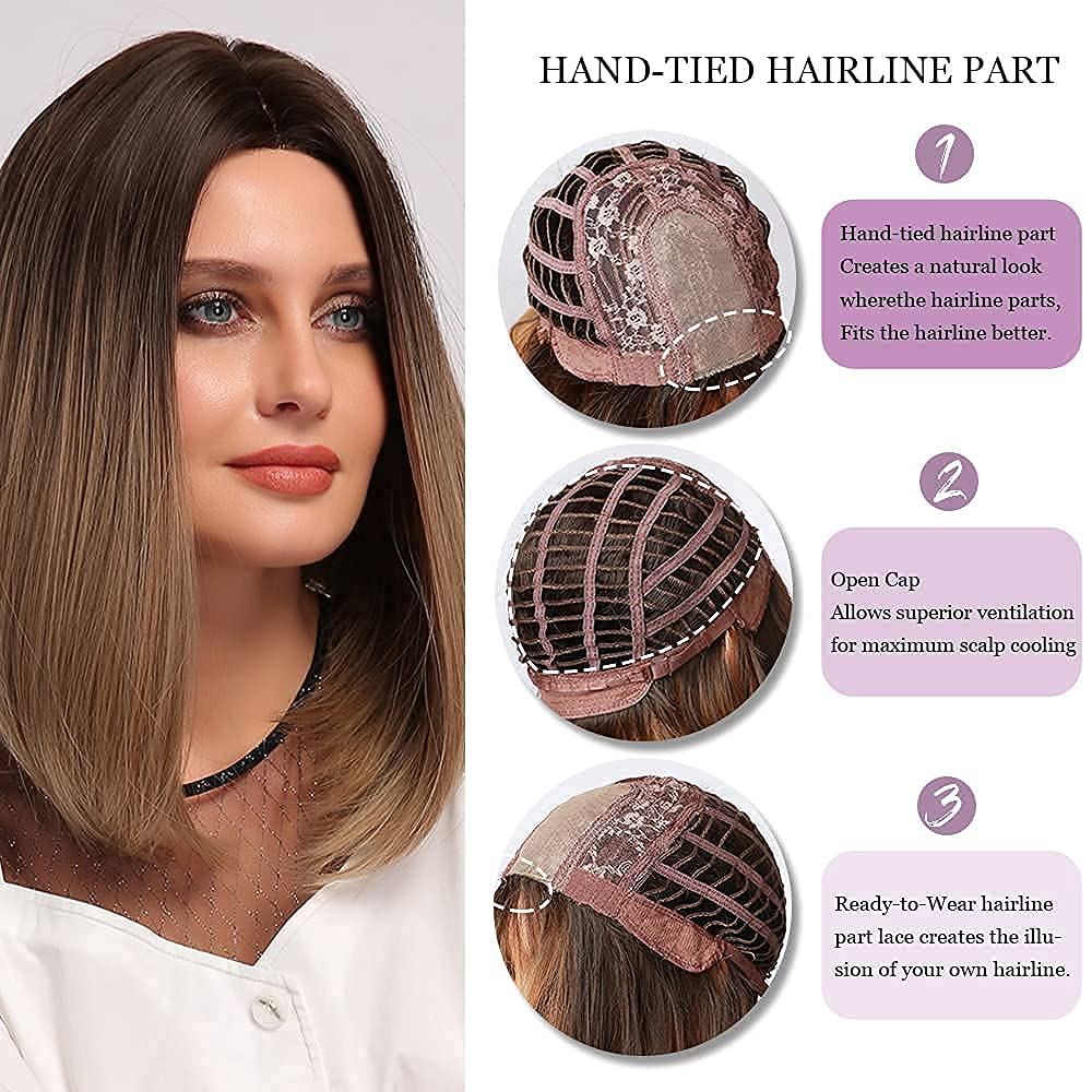 HAIRCUBE Ombre Brown Bob Wig Shoulder Length Wigs for Women Short Ombre Wig Middle Part Heat Resistant Fibre Synthetic Wig Natur