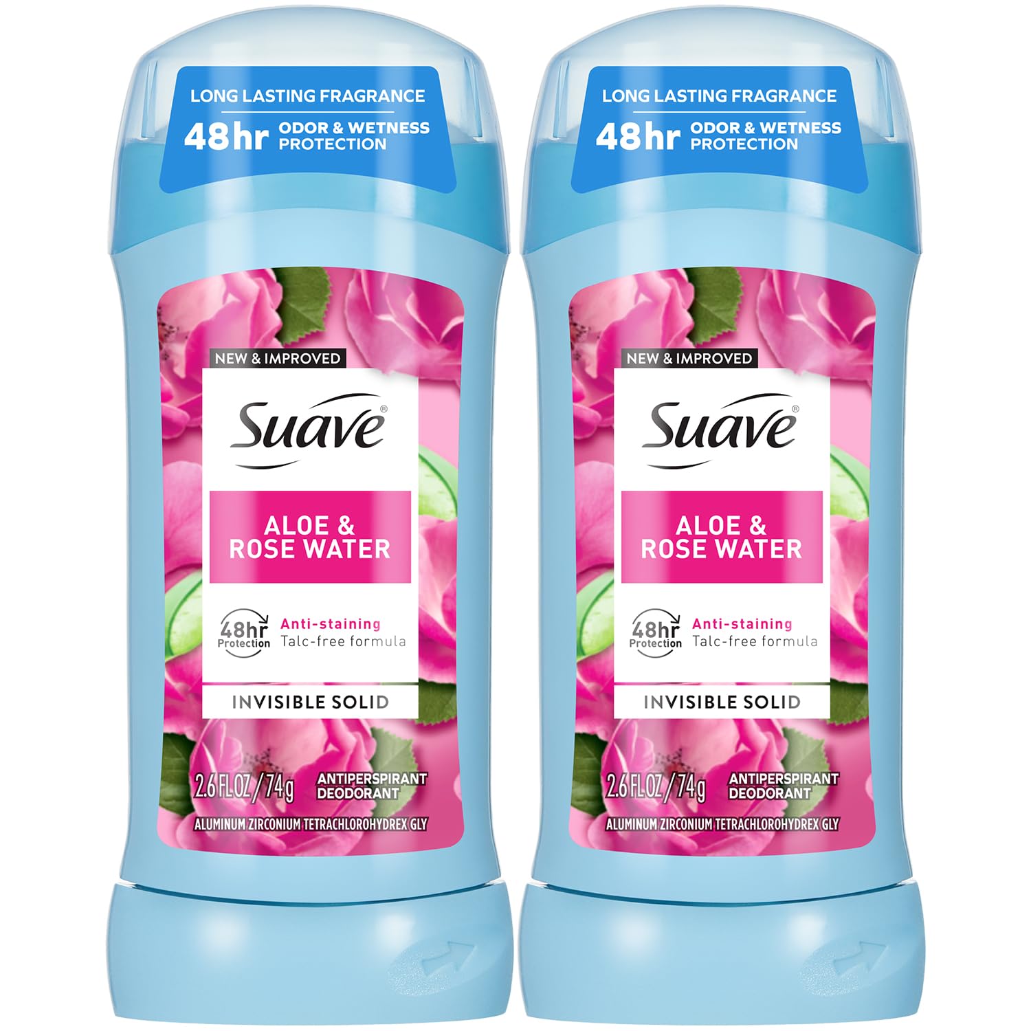 Suave Deodorant For Women, Aloe & Rose Water - Invisible Solid Antiperspirant Deodorant Stick, 48H Protection, Anti-Staining, Cr