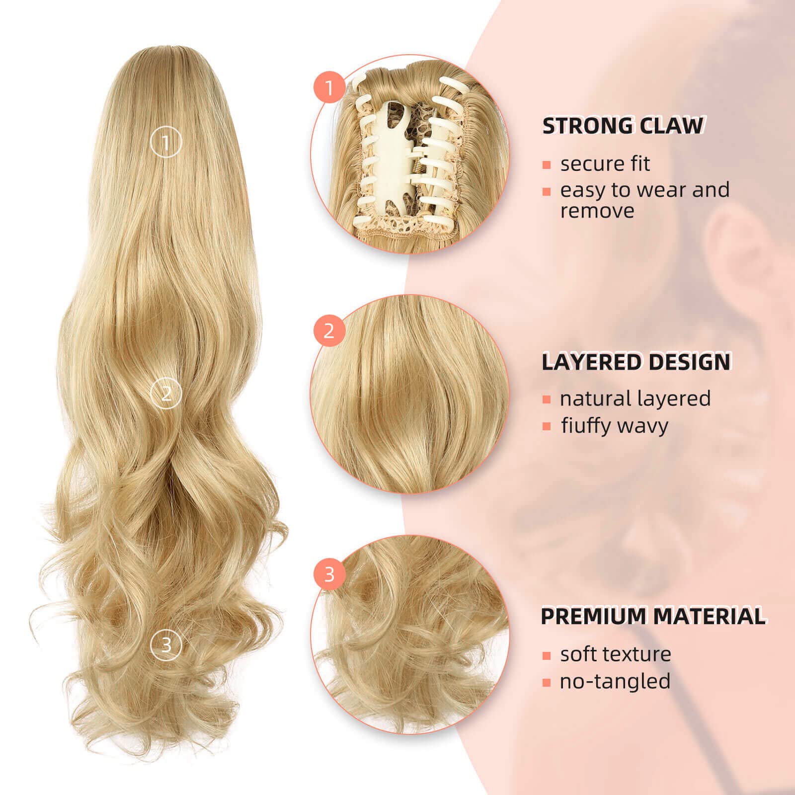 Heweicsy Ponytail Extension,Hair Extension Ponytail 22'' Long Claw Hair Extension Synthetic Curly Wavy Hairpieces Ponytail Clip