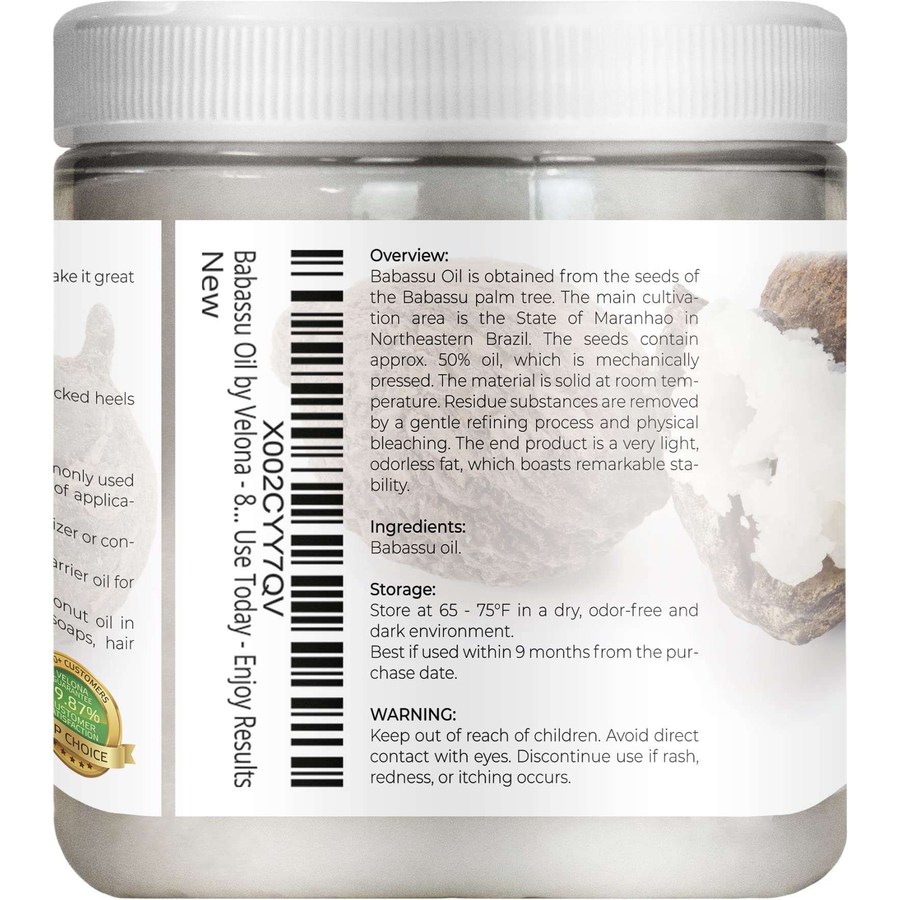 Velona Babassu Oil Usda Certified Organic - 8 Oz | 100% Pure And Natural Carrier Oil | Refined, Cold Pressed | Face, Hair, Body