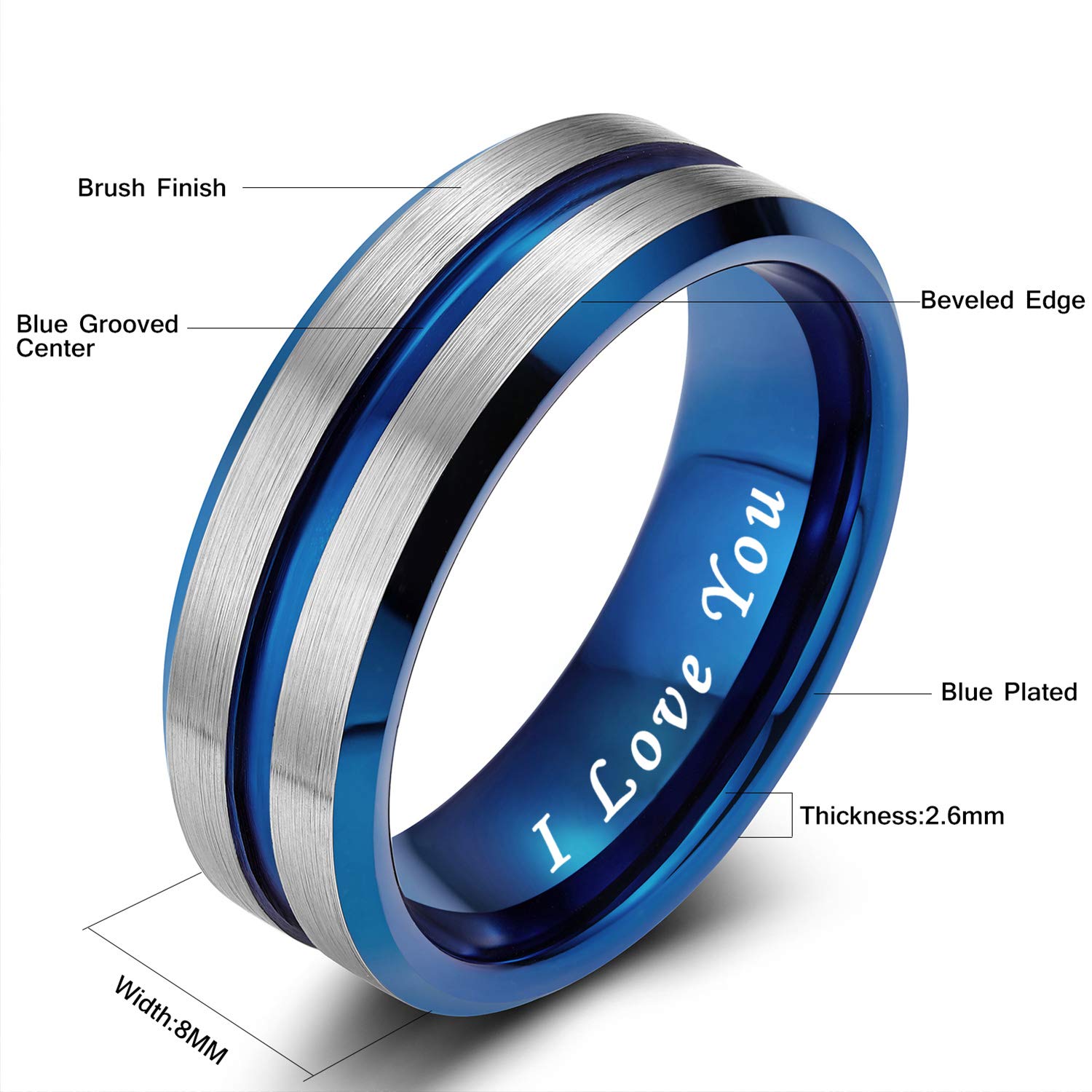 Greenpod 8mm Tungsten Ring for Men Blue Thin Groove Line Dome Brushed Engraved I Love You Comfort Fit Wedding Band Size 12.5