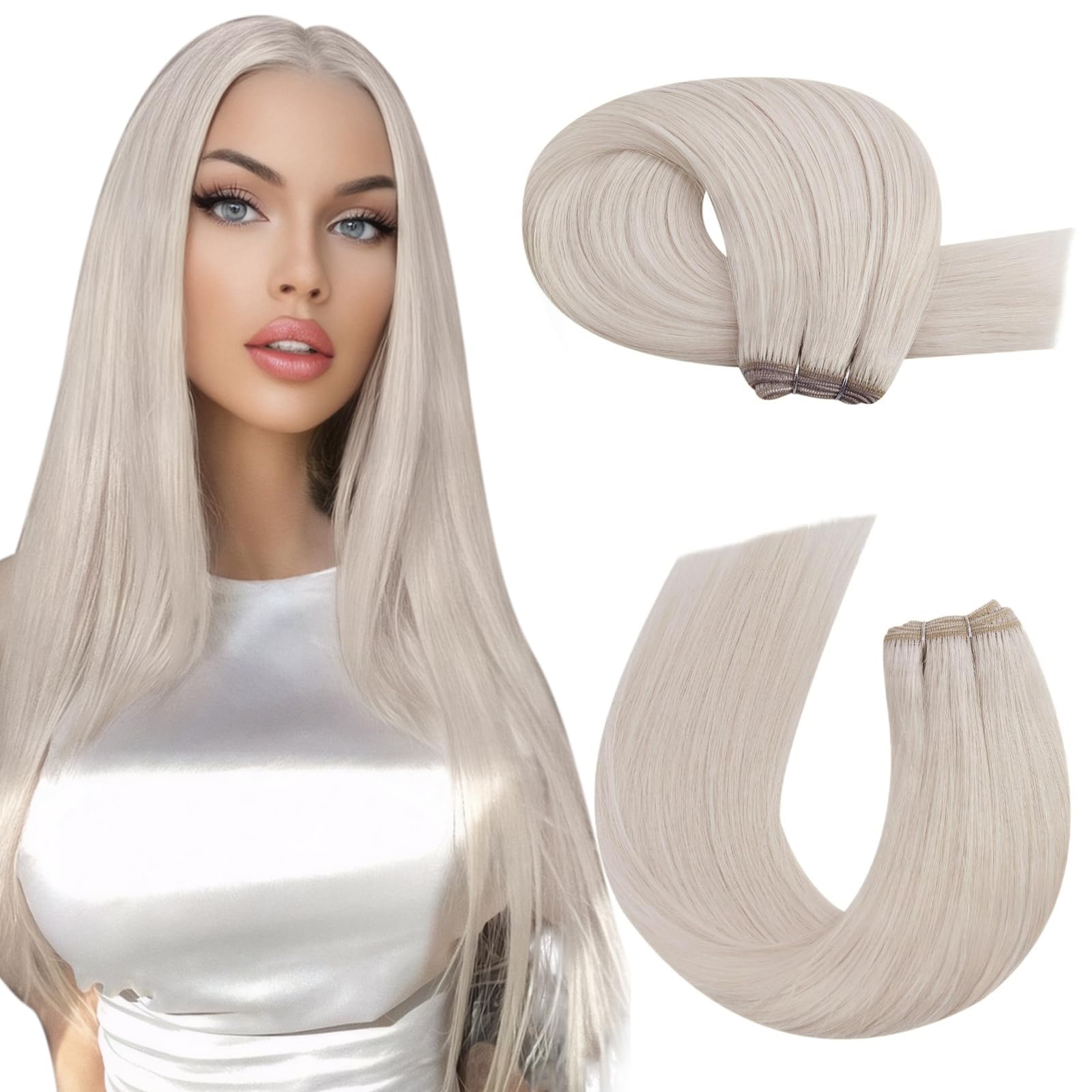 Moresoo Weft Hair Extensions White Blonde Hair Extensions Real Human Hair Weft Long Hair Extensions Weft 24 Inch 100G