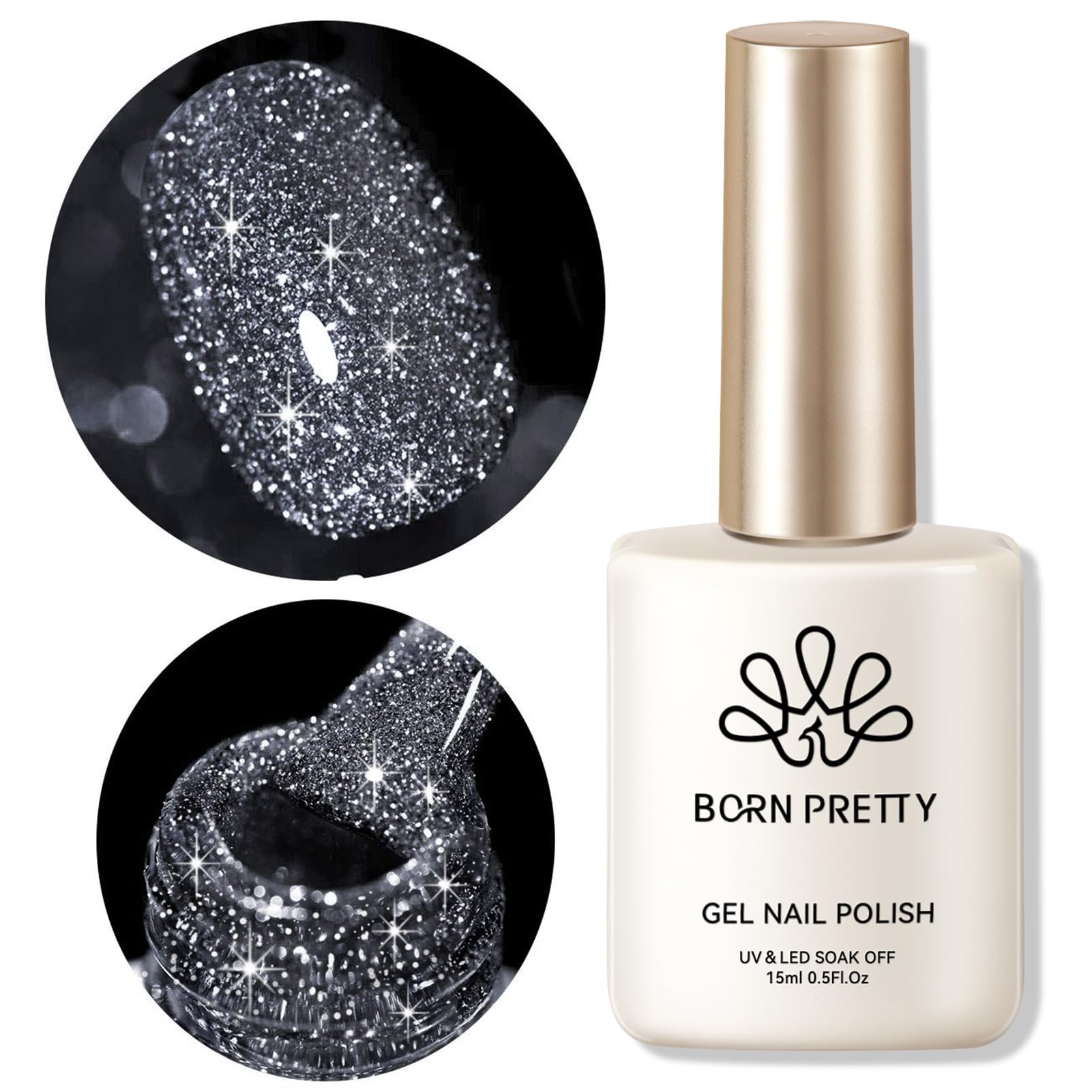 Born Pretty Black Reflective Glitter Gel Nail Polish Set For Christmas Nails Holographic Sparkle Glitter Gel Flash Soak Off Mani