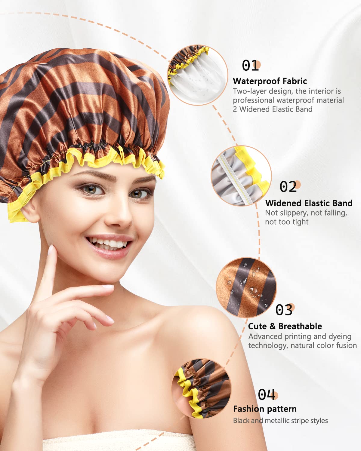 Mikimini Shower Cap For Women And Men,2 Pack Double Waterproof Shower Cap For Girls And Kids, Reusable, Washable, Golden Stripes