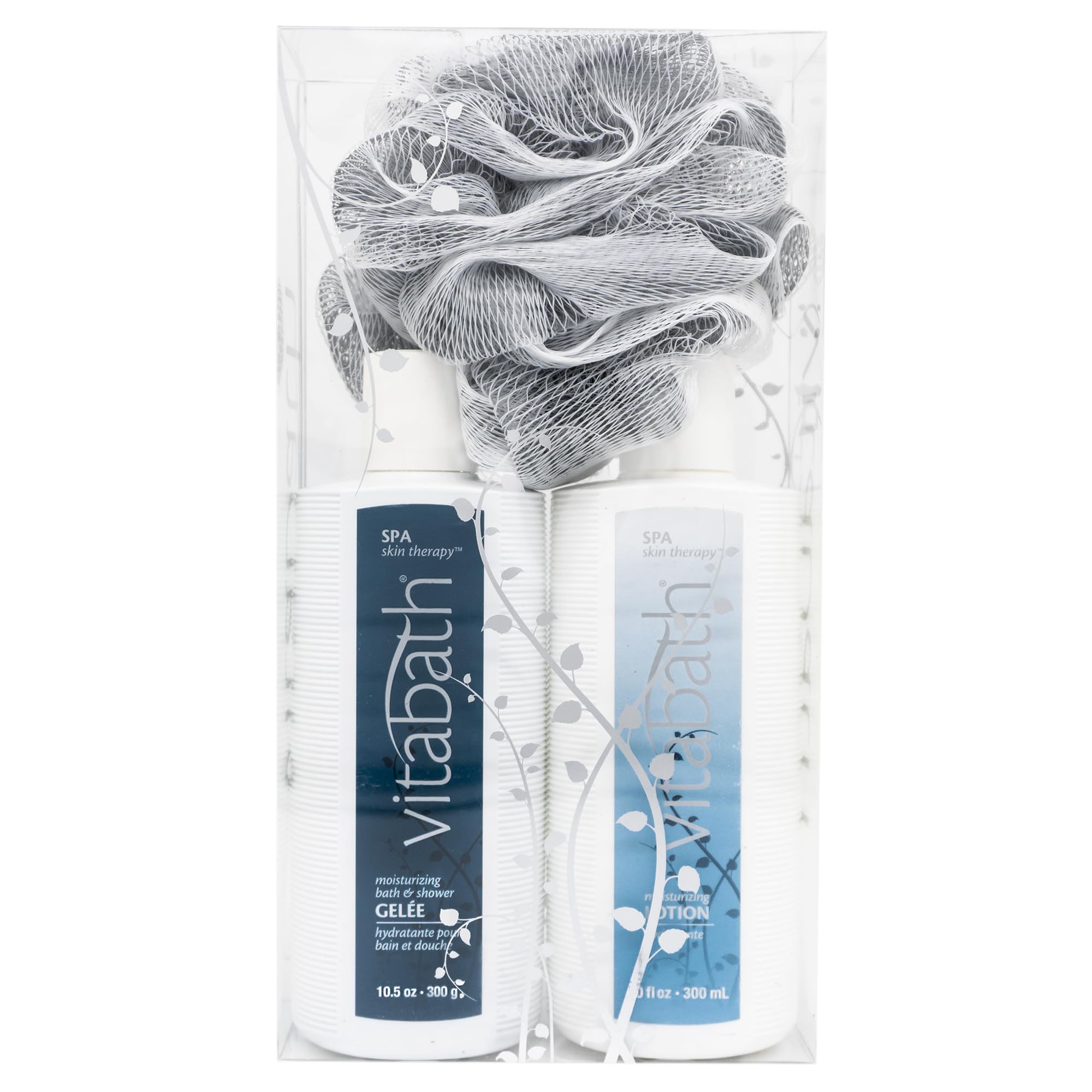 Vitabath Spa Skin Therapy Everyday Skincare Set Moisturizing Shower Gel Wash, Reviving Lotion & Exfoliating Body Scrubber Pouf -