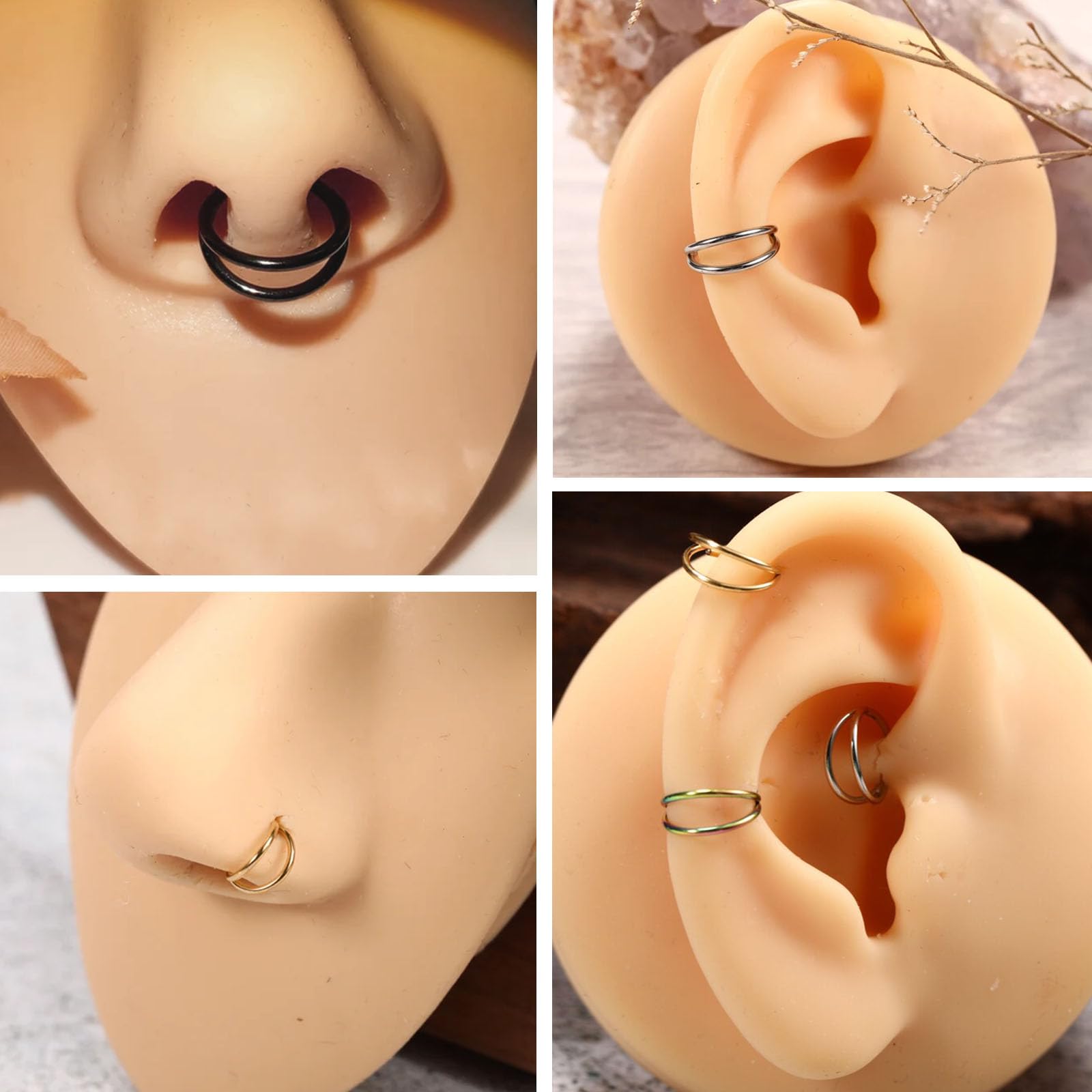 PEAKLINK 18G Double Open Stacked Cartilage Conch Helix Earring Hoop 316L Surgical Steel Septum Nose Rings 8mm Lobe Earrings Unis