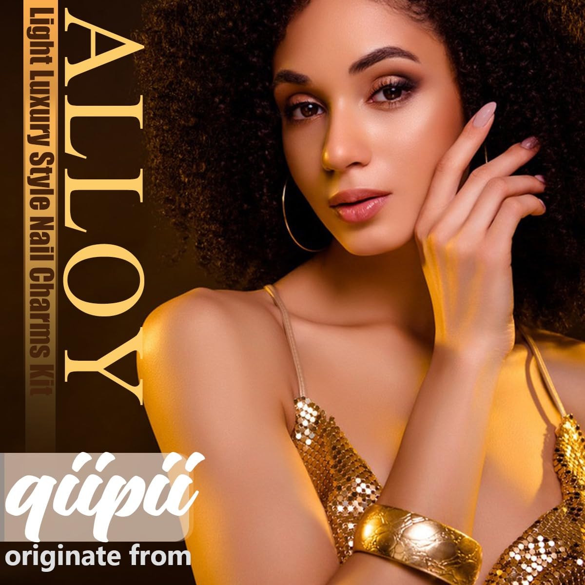 Qiipii 62Pcs Golden Alloy Nail Charms Bulk Luxury Rhinestones Charms For Nails Metal 3D Gold Nail Art Gems Crystals Diamonds Jew