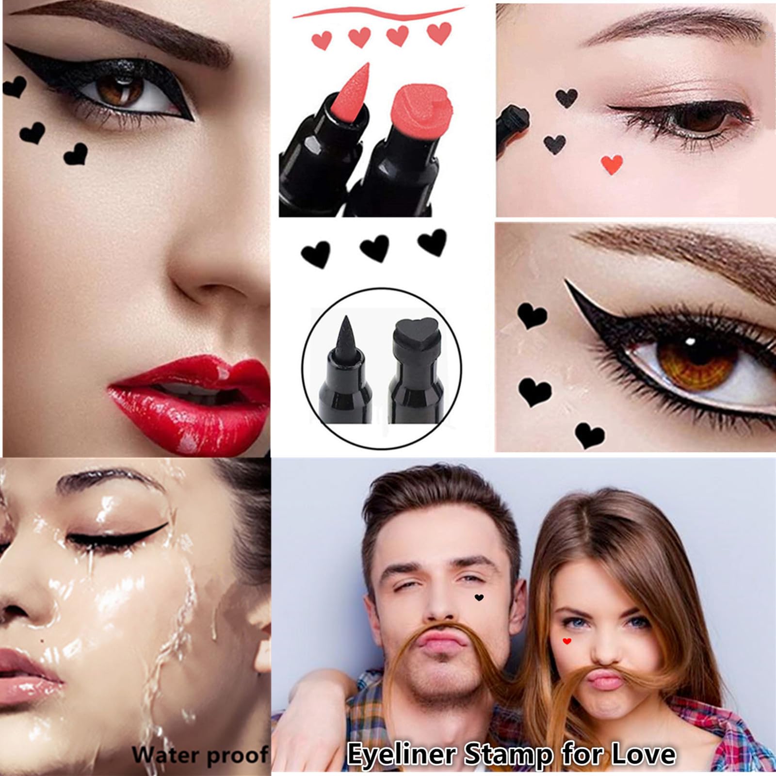 Go Ho 2 Pcs Waterproof Liquid Eyeliner Stamps,Black&Red Eyeliner Heart Stamp Eyeliner For Harley Costume Makeup,Double-Side Long