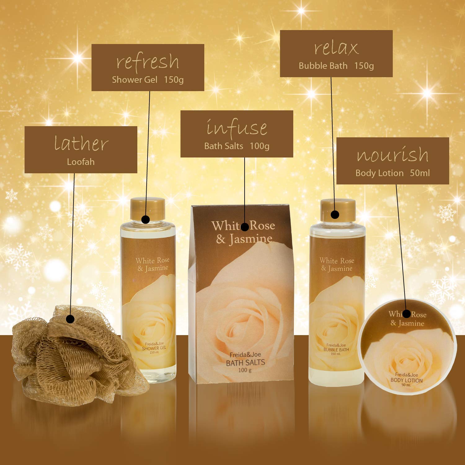 White Rose Jasmine Spa Set For Women In Elegant Gold Tub Includes Shower Gel, Bubble Bath, Body Lotion, Jasmine Bath Salt, Pouf,