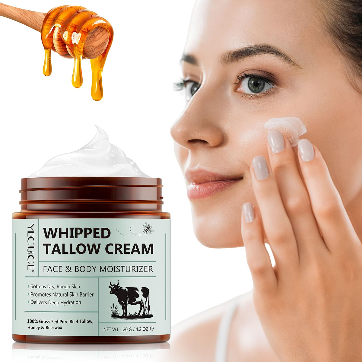 Beef Tallow for Skin, Whipped Beef Tallow Cream, Beef Tallow and Honey Cream, Moisturizer Beef Tallow for Face & Body Enhance Sk
