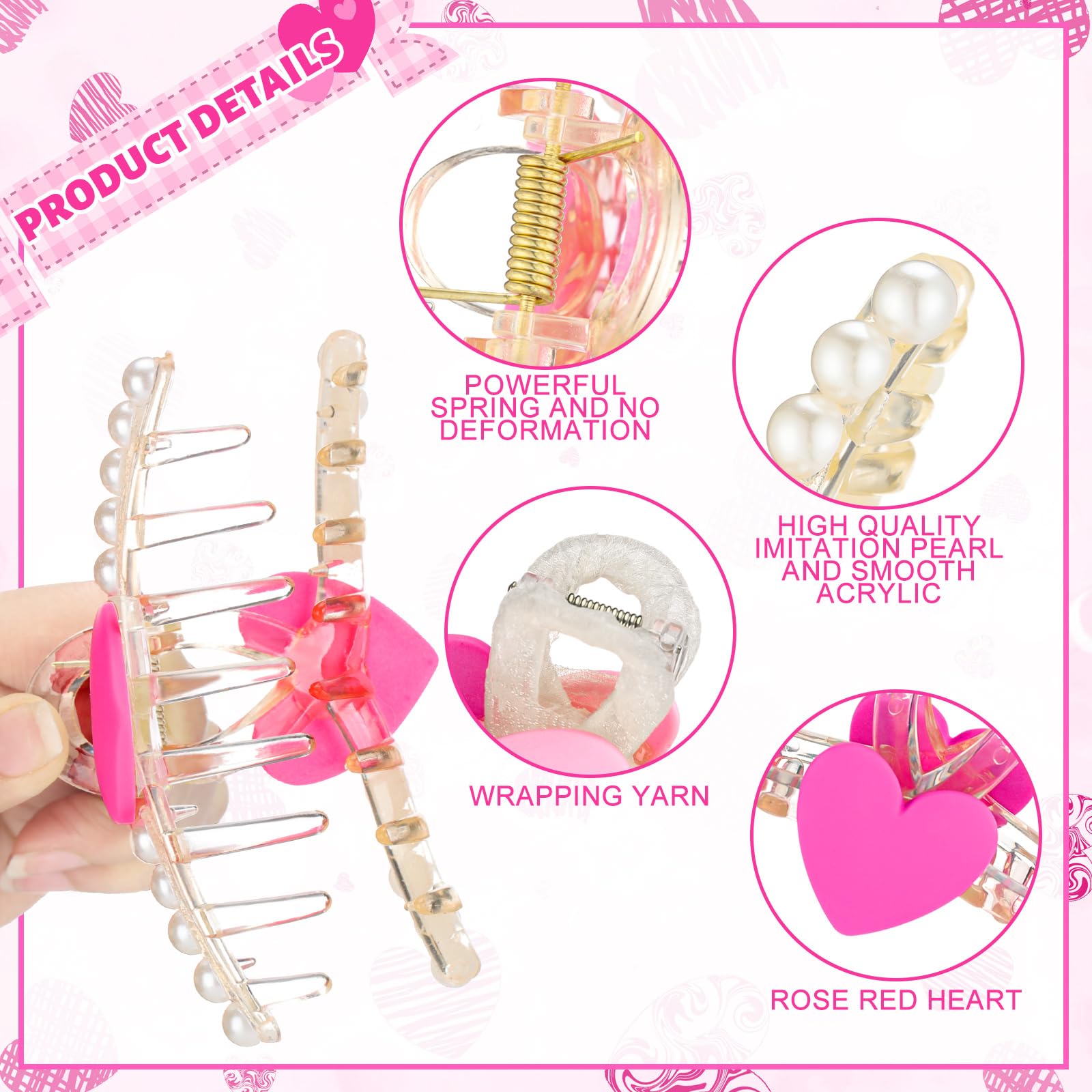 Yuxung 4 Pcs Valentine's Day Heart Hair Claw Clips for Women Hot Pink Strong Hold Hair Jaw Clip Pearl Heart Hairpins Sweet Lovel