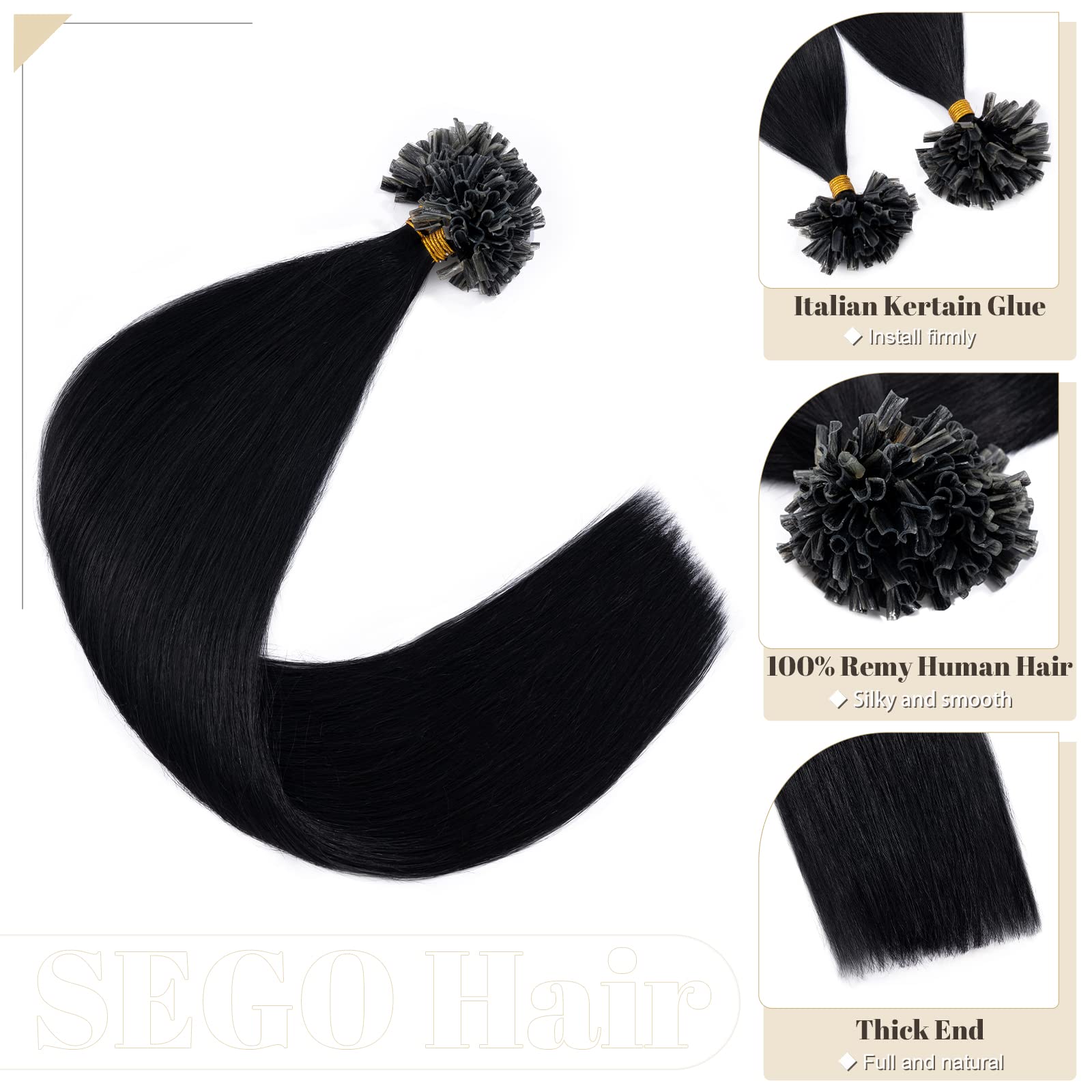 Sego U Tip Hair Extensions Human Hair Pre Bonded Keratin Fushion Nail Tip Human Hair Extensions 100% Real Remy Hair Silky Straig