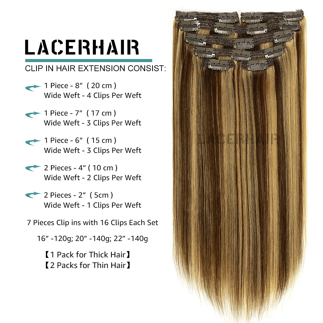 Lacerhair Real Human Hair Clip in Extensions 18 Inch Chocolate Brown Lowlight Light Golden Brown P#4/12 Salon Quality Remy Hair