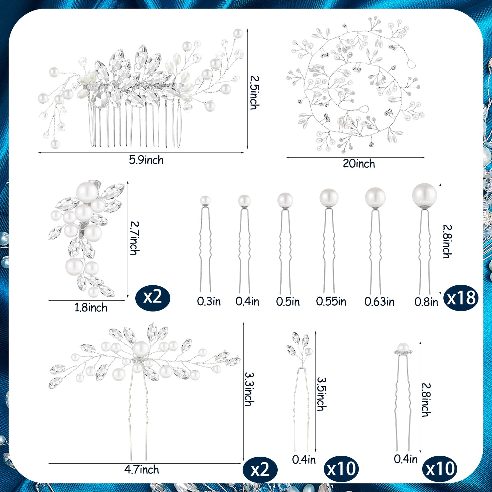 44 Pieces Wedding Hair Comb Faux Pearl Crystal Bride Hair Accessories Hair Side Comb Clips U-shaped Flower Rhinestone Pearl Hair