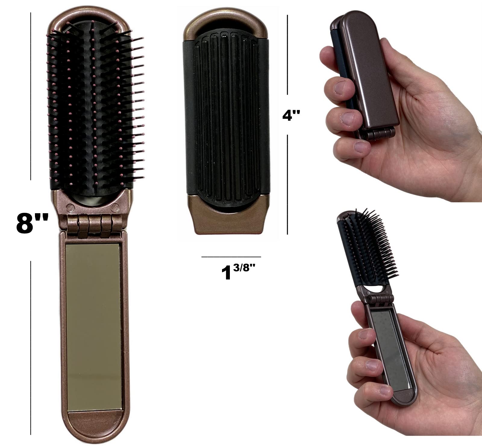 2 Brown Color Alazco Folding Hair Brush With Mirror Compact Pocket Size Travel Car Gym Bag Purse Locker Swimming Camping Sleepov