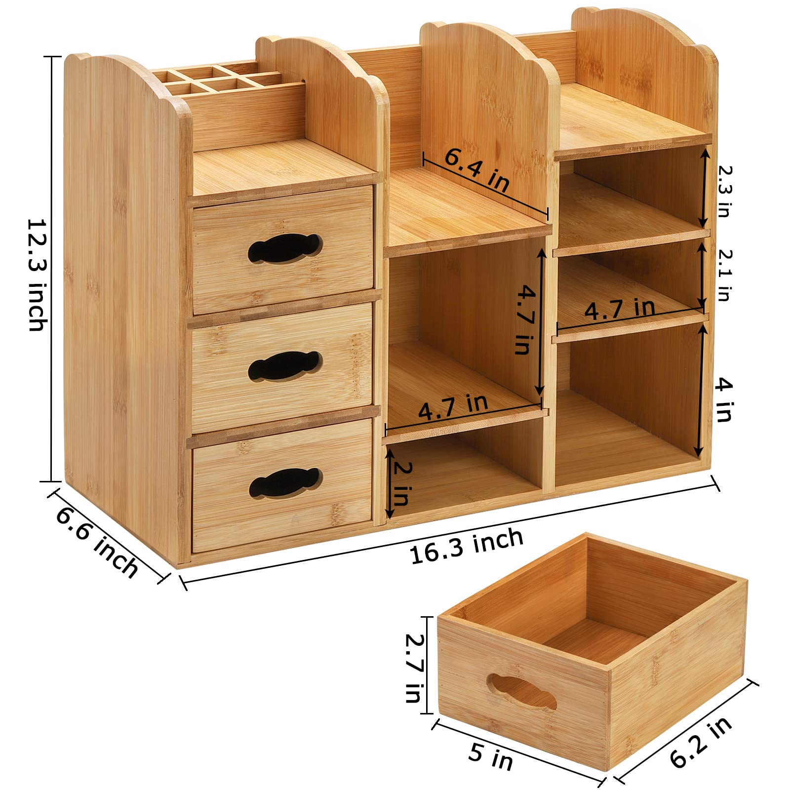 Coloch Bamboo Makeup Cosmetics Organizer with Drawers, Multifunctional Dresser Top Makeup Storage Tabletop Organizer Shelf for D