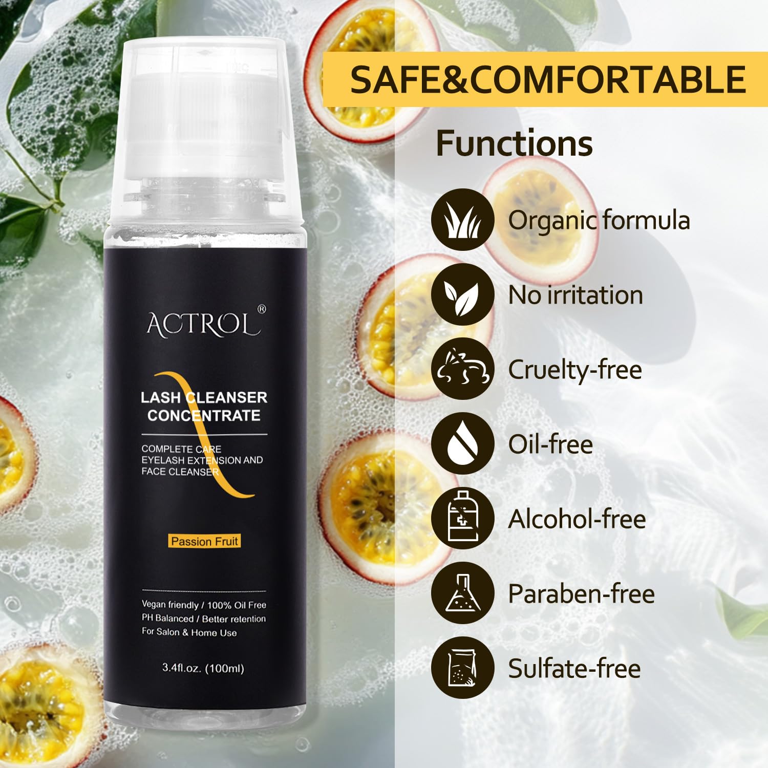 ACTROL Eyelash Cleanser Concentrate 100ml Passion Fruit Professional Lash Shampoo Foaming Cleanser Lash Wash Concentrate for Ext