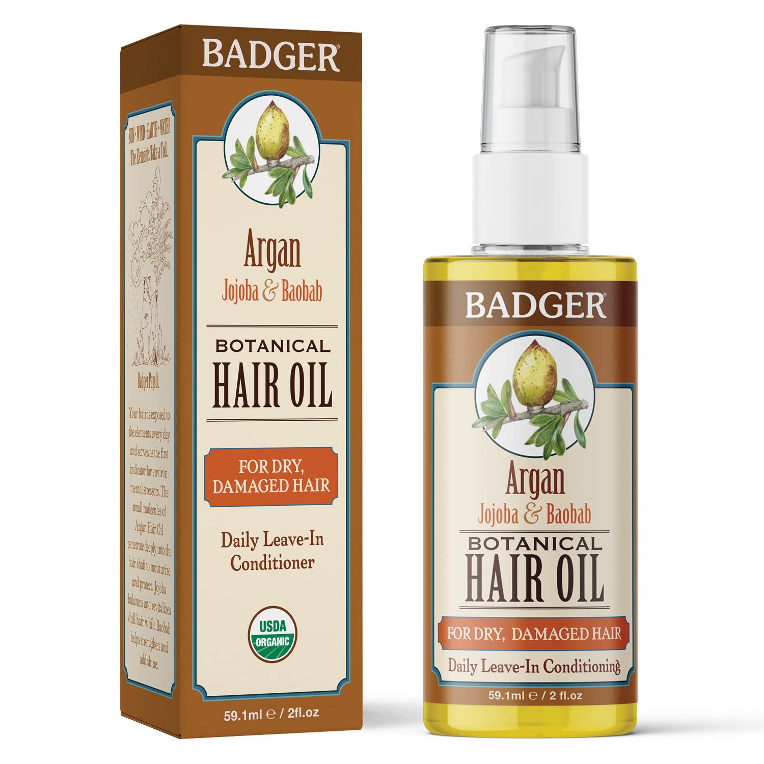 Badger - Argan Hair Oil w/Jojoba & Baobab, Moroccan Argan Oil Treatment for Dry Damaged or Frizzy Hair, Leave-In Conditioner, Or