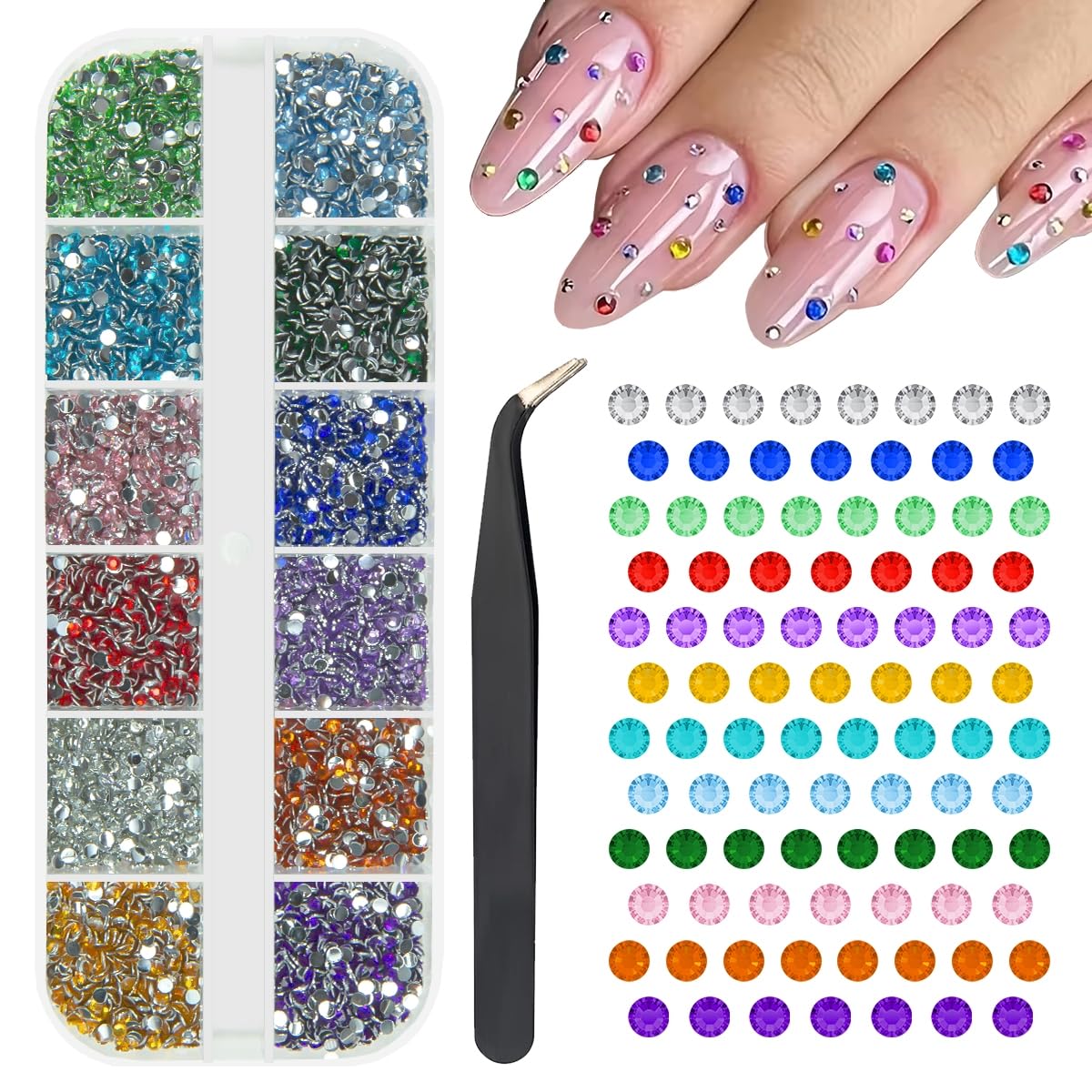 qiipii 12 Colors 2mm Small Crystal Resin Rhinestones Rainbow Colorful Flatback Tiny Stones Gems Diamonds Crystals Charms for Nai