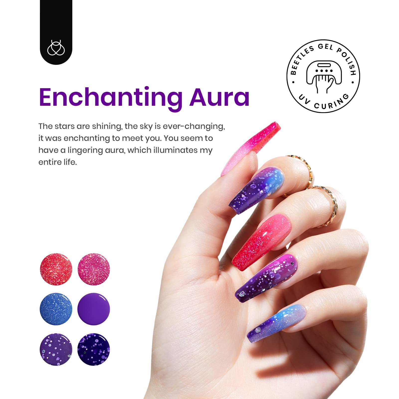 Beetles Color Changing Gel Nail Polish Kit, 6 Colors Pink Red Glitter Blue Purple Temperature Change Gel Polish Soak Off Uv Led
