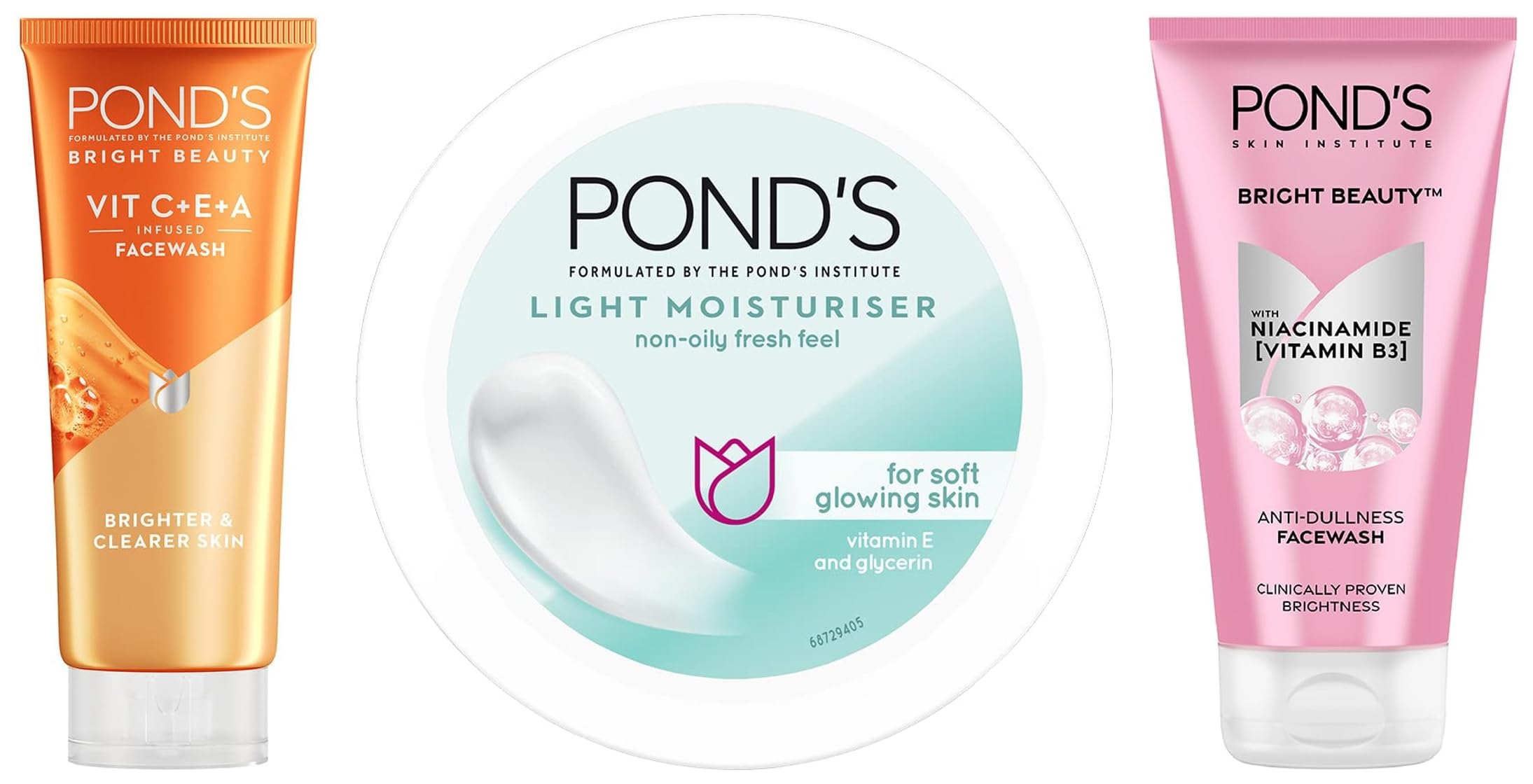 PondS Bright Beauty Facewash (Niacinamide), 150G & Light Moisturizer (Vitamin C+E), 100Ml & Vit C Gel Face Wash, 50Ml | For Gla
