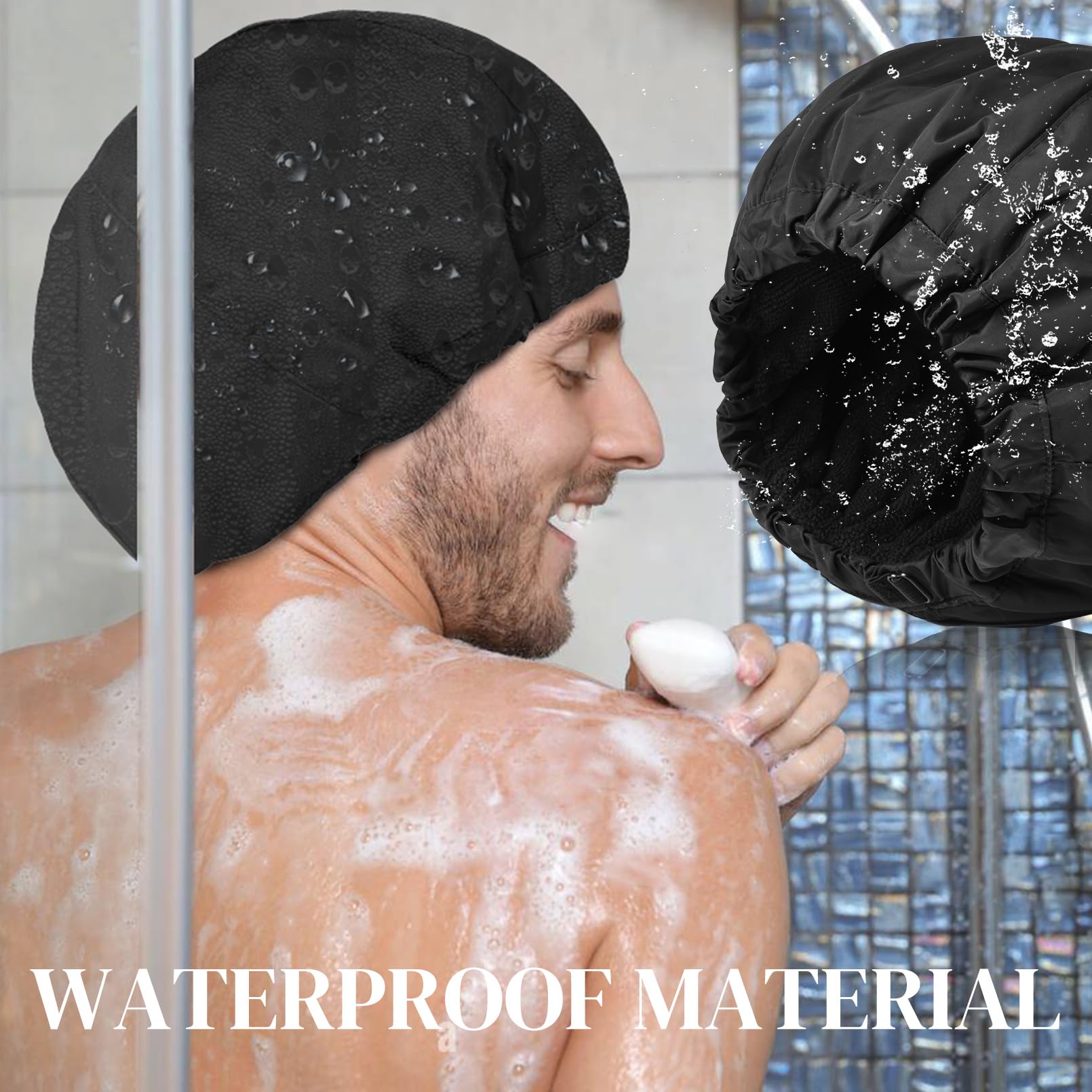 Shower Cap For Men Black Bath Cap, Reversible Terry Lined Large Waterproof Adjustable Shower Caps Elastic Band Stretch Hem Hair