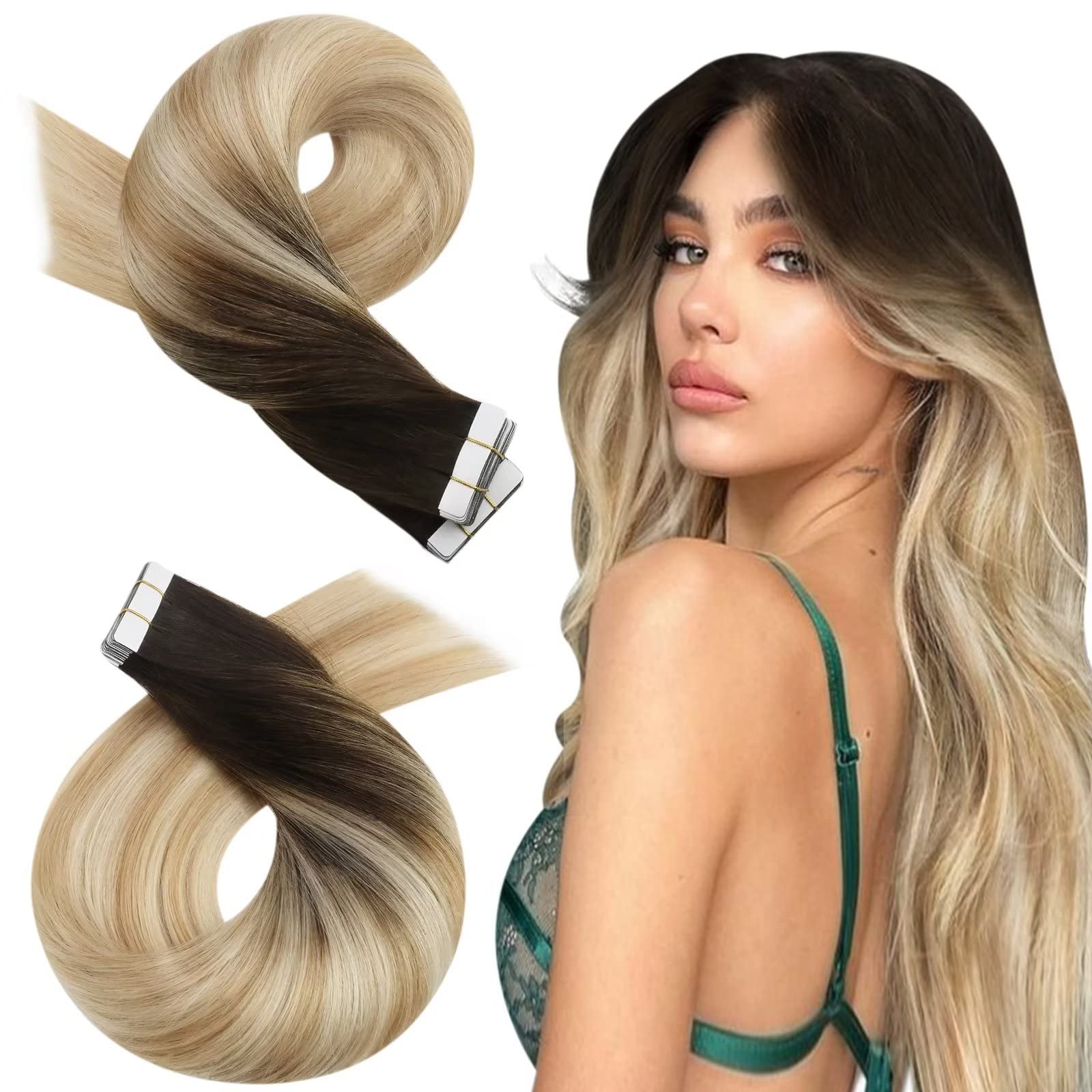 Moresoo Tape In Hair Extensions Human Hair Ombre 24 Inch Tape In Balayage Hair Extensions 40Pcs Remy Hair Extensions Tape In #2/