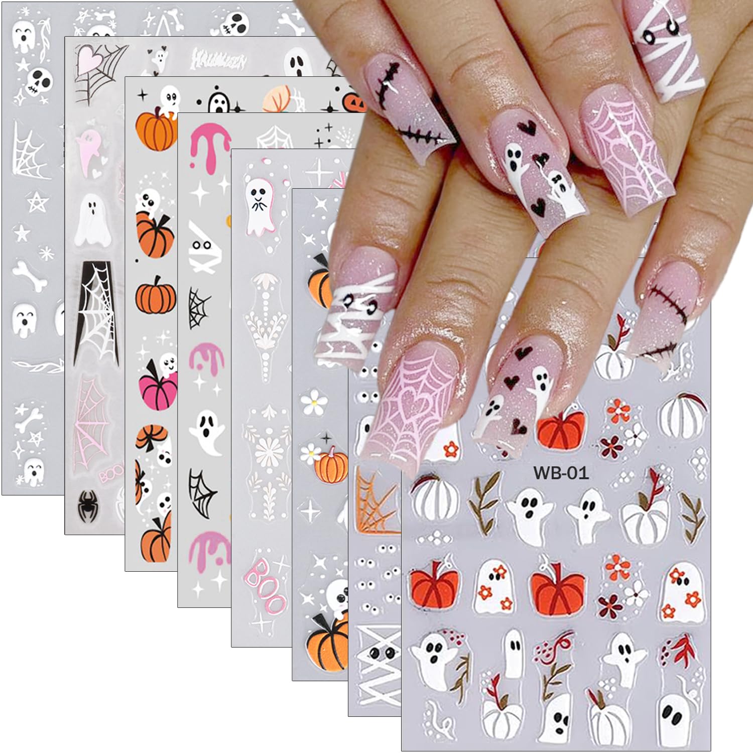 8Pcs Halloween Nail Stickers For Nail Art Cute Ghost Nail Decals 3D Self-Adhesive Pumpkin Bat Skull Spider French Nail Art Stick