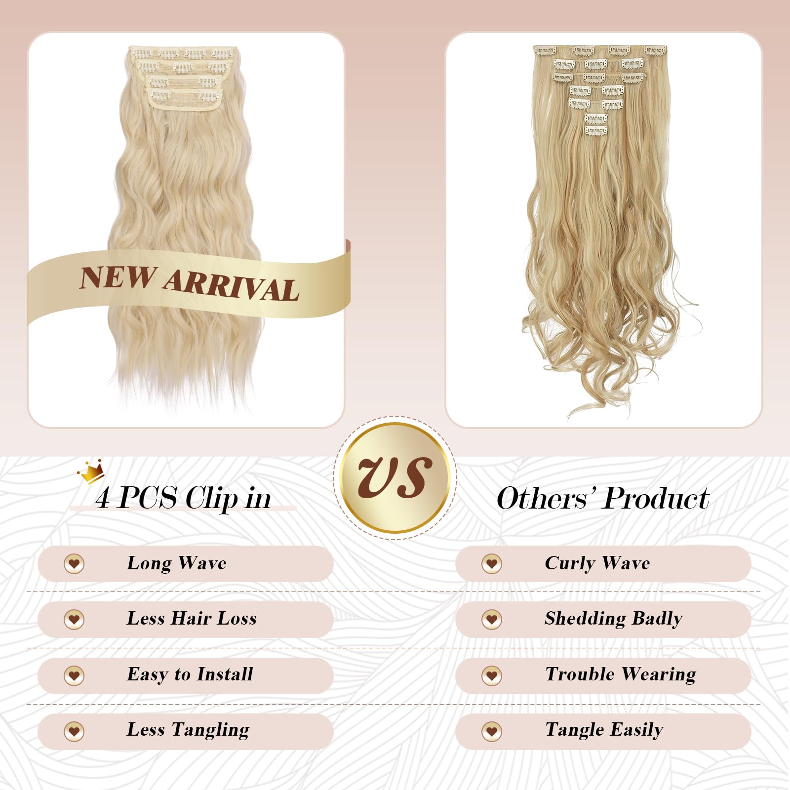 FESHFEN Clip in Hair Extensions 4 PCS Platinum Blonde Thick Highlighted Hairpieces Long Wavy Clip in Hair Piece Full Head Synthe