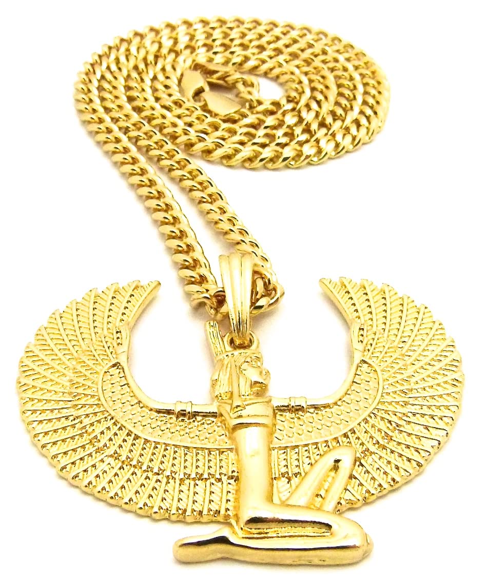 GWOOD MAAT Goddess Isis Egyptian Gold Color Pendant with 24 Inches Long Box Necklace