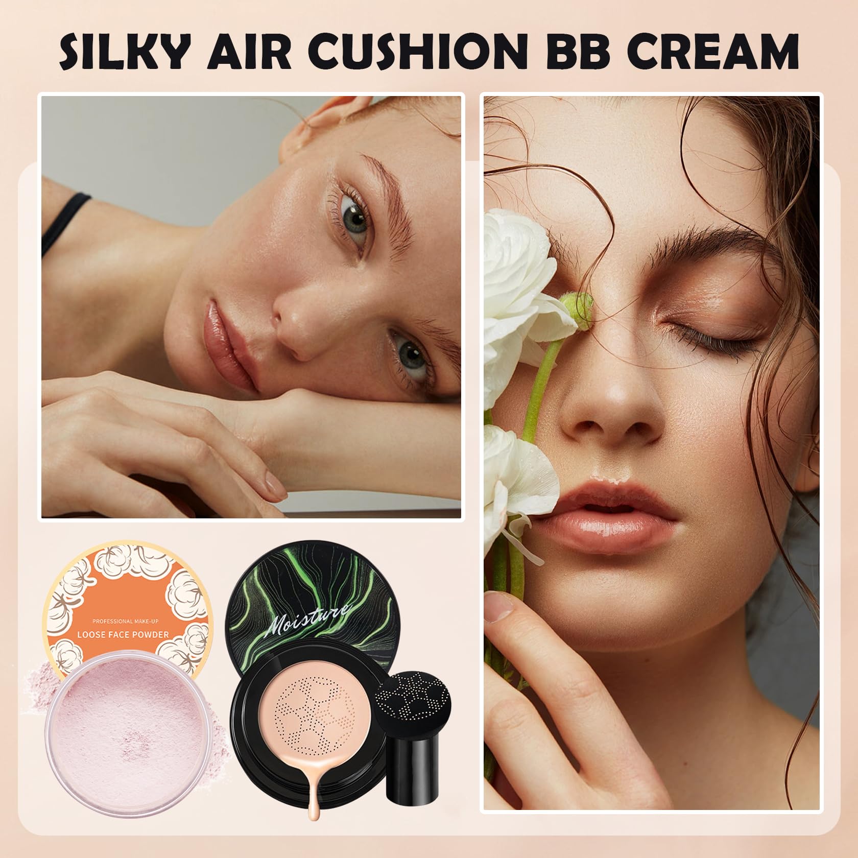 CAHIUYOA 2PCS Mushroom Head Air Cushion CC Cream Foundation Pink Setting Powder Loose Powder Makeup Set Long Lasting Oil Control