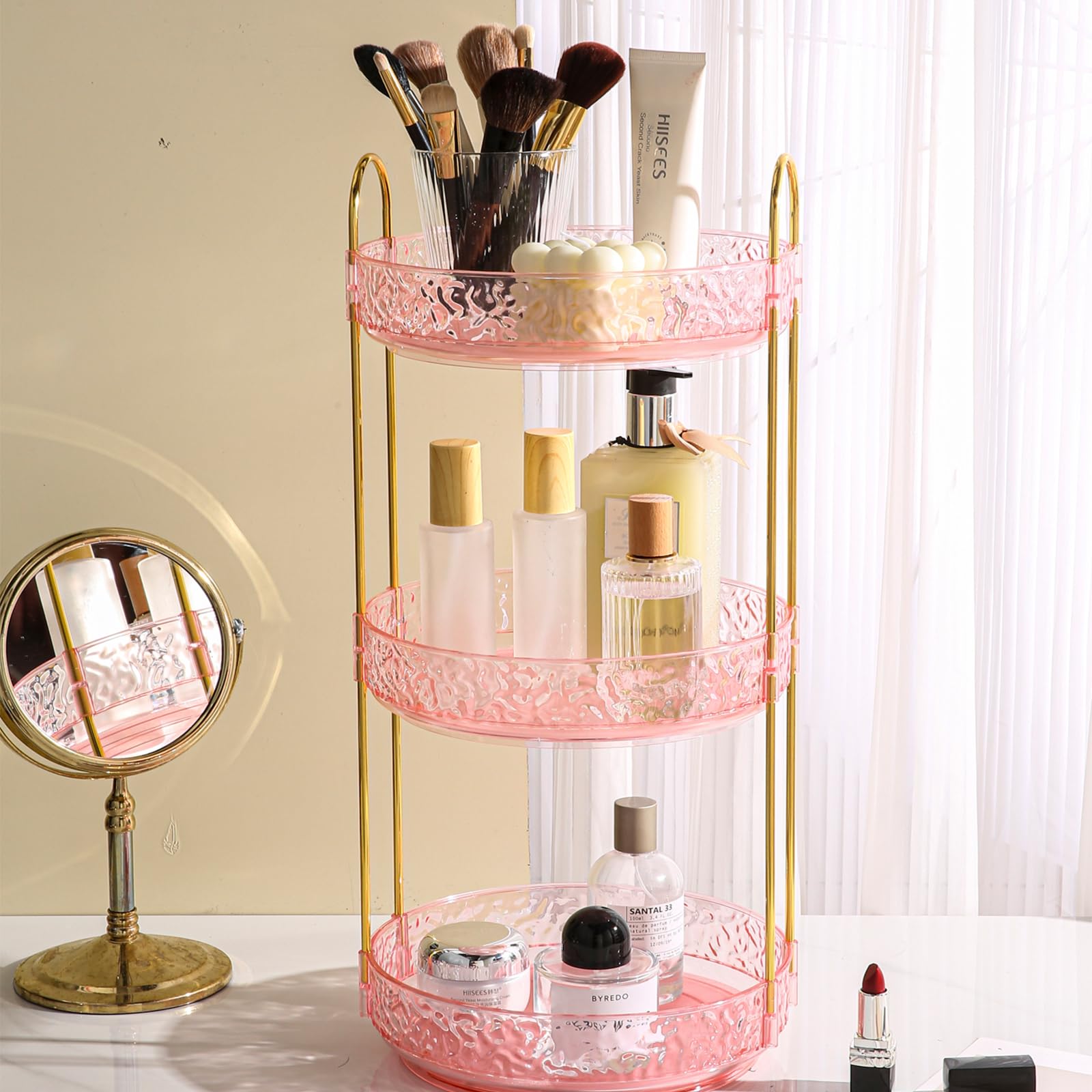 Fangoo 3 Tiers Pink Rotating Makeup Organizer For Vanity, 360 Spinning Skincare Organizers For Dresser Perfume Organizer Large S
