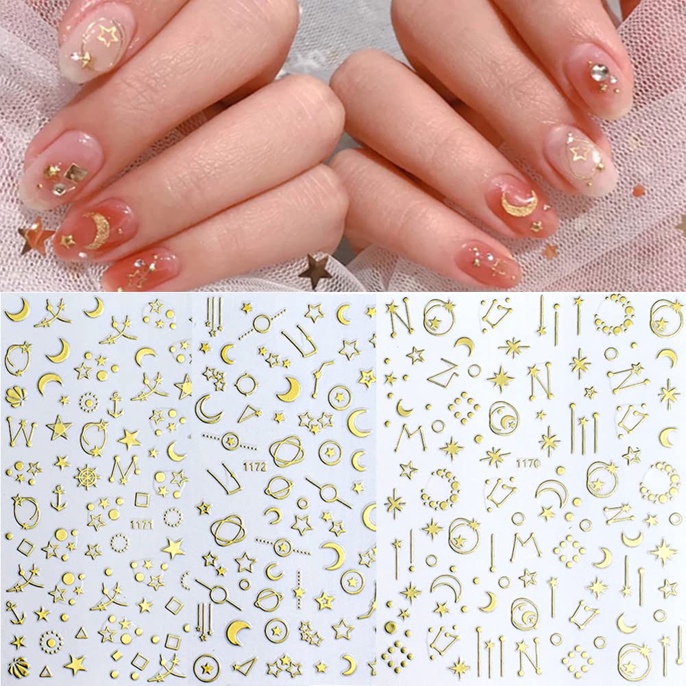 12 Sheets Gold Nail Art Stickers Decals,Nail Supplies 3D Self-Adhesive Nail Decals Metallic Stars Moon Glitter Gold Silver Nail