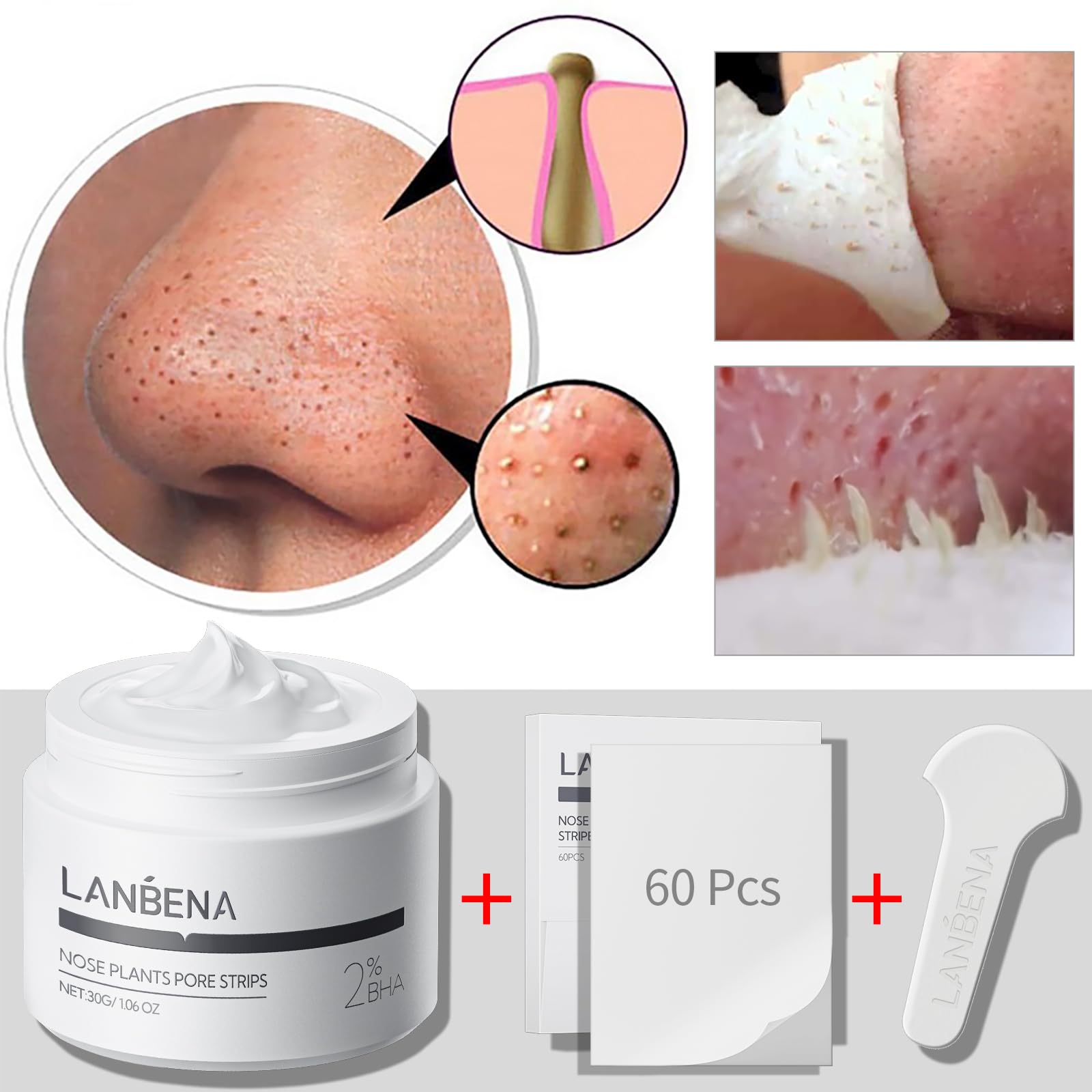 Lanbena Blackhead Remover, Nose Pore Strips For Blackheads, Black Head Remover Mask For Face, Puntos Negros, 30G+60Pcs Paper