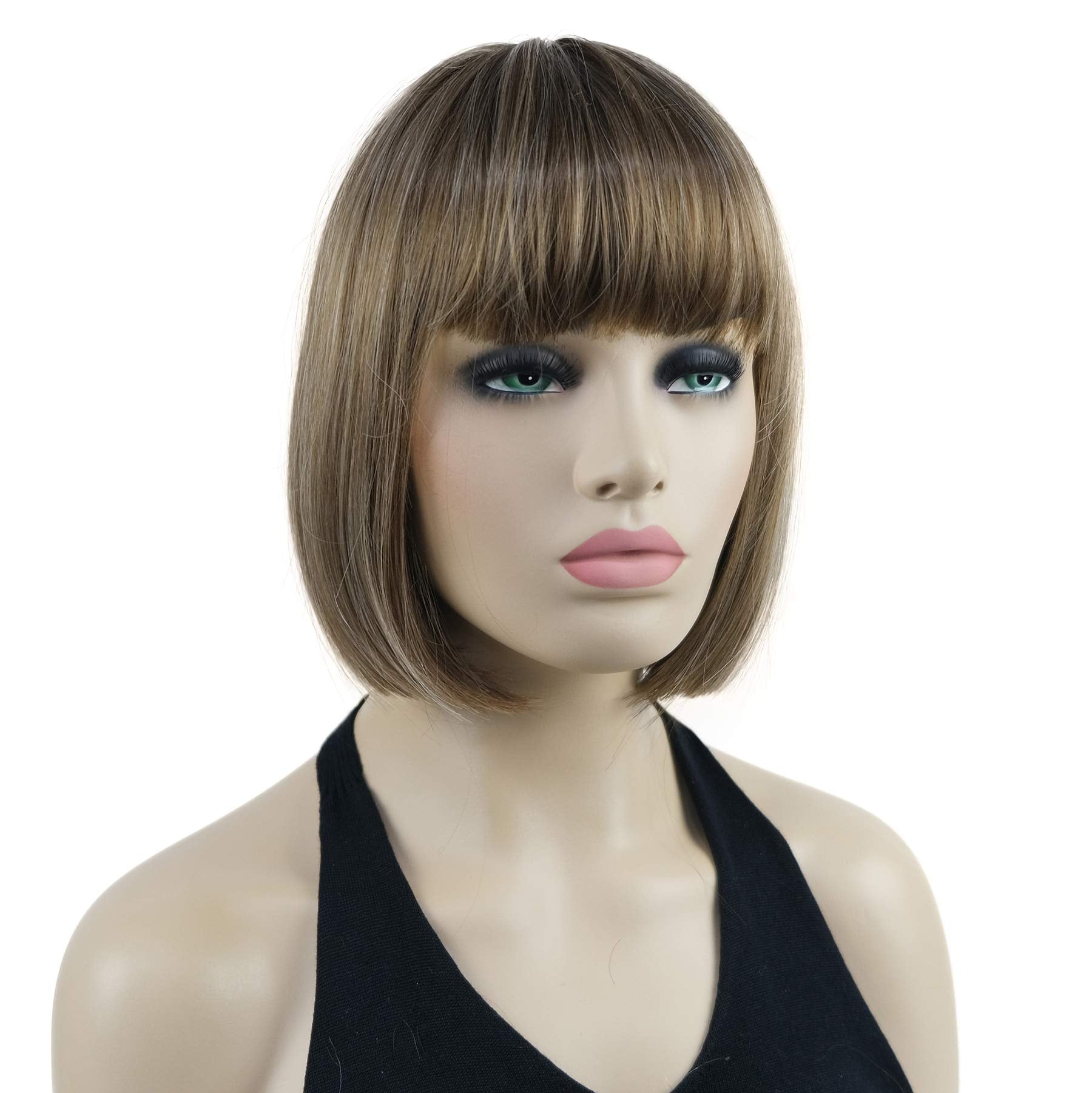 Lydell 8'' Straight Short Bob Hair Flat Bangs Cute Central Dot Skin Top Heat Resistant Synthetic Wigs (12Tt26 Light Golden Brown