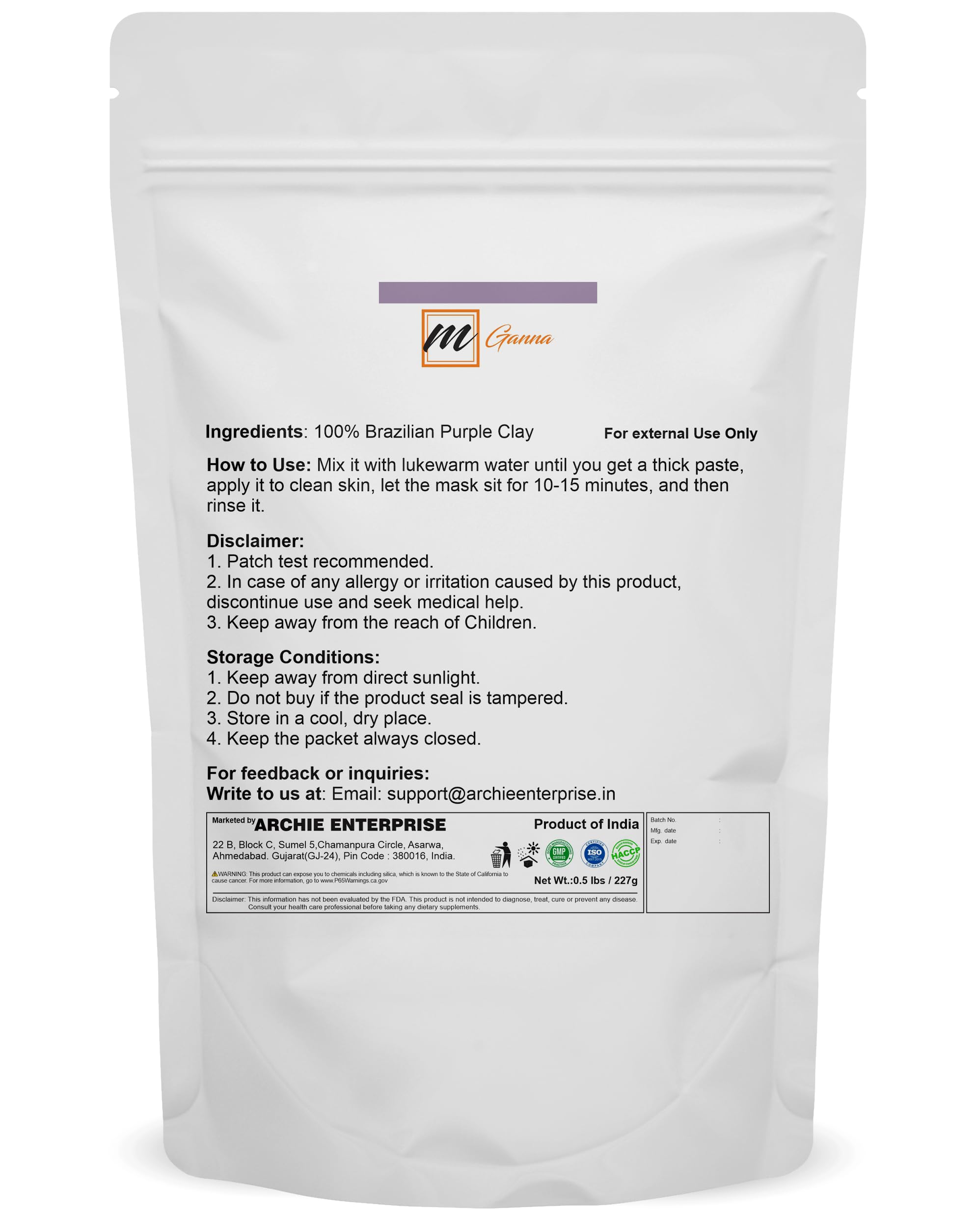 Mganna 100% Natural Brazilian Purple Clay Powder For Face Packs, Creams And Soaps And Other Cosmetic Formulations 0.5 Lbs / 227